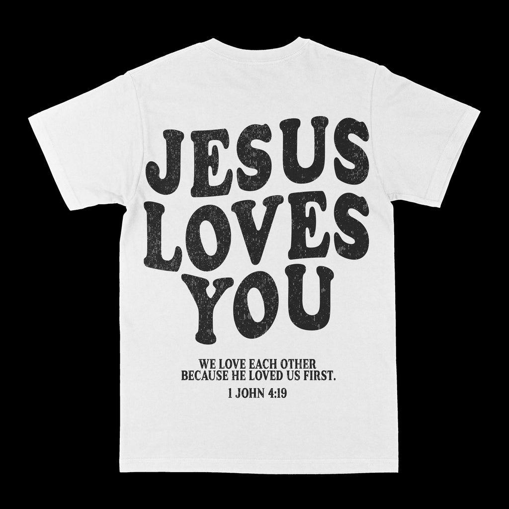 White graphic crewneck tee with large distressed "JESUS LOVES YOU" and verse text
