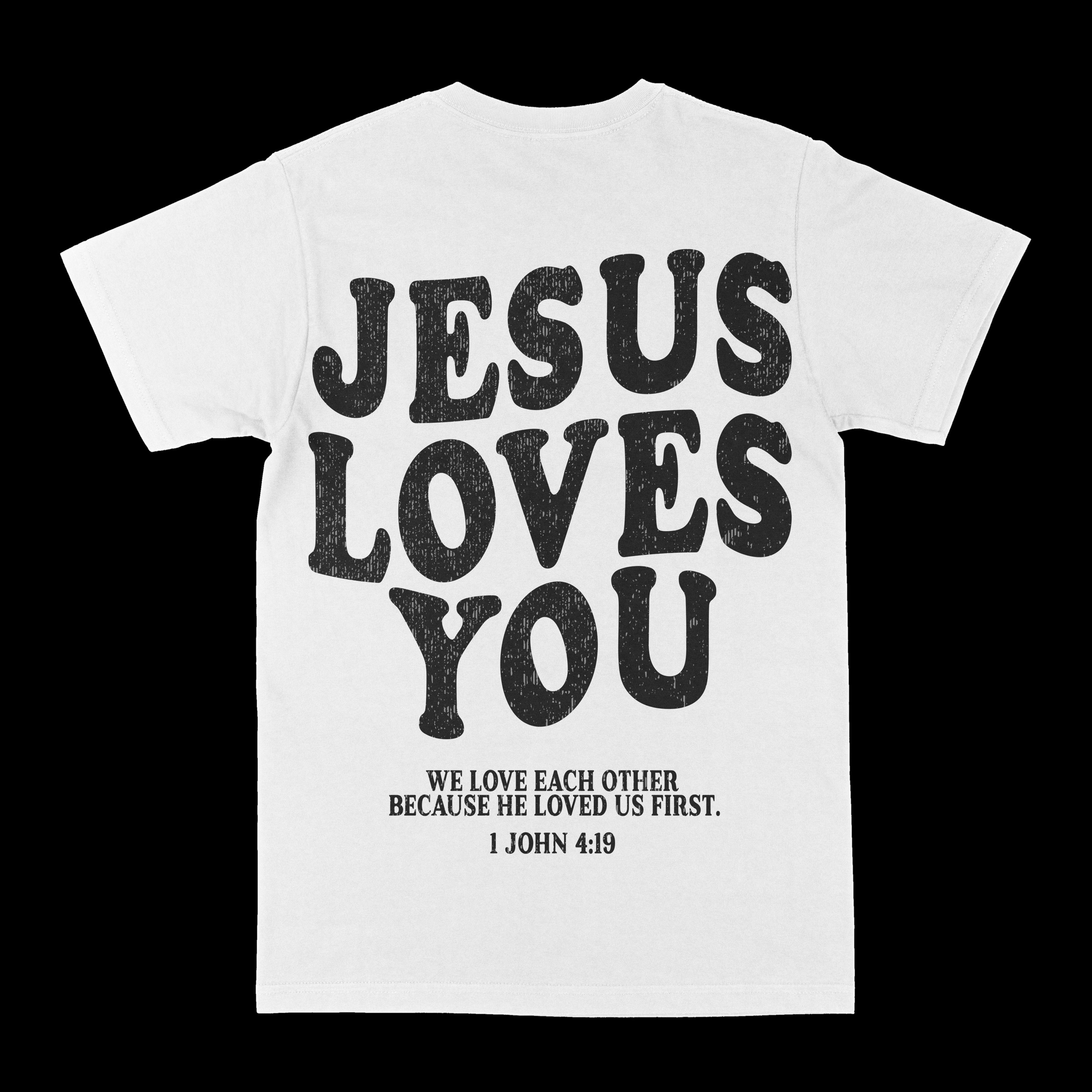 White graphic crewneck tee with large distressed "JESUS LOVES YOU" and verse text
