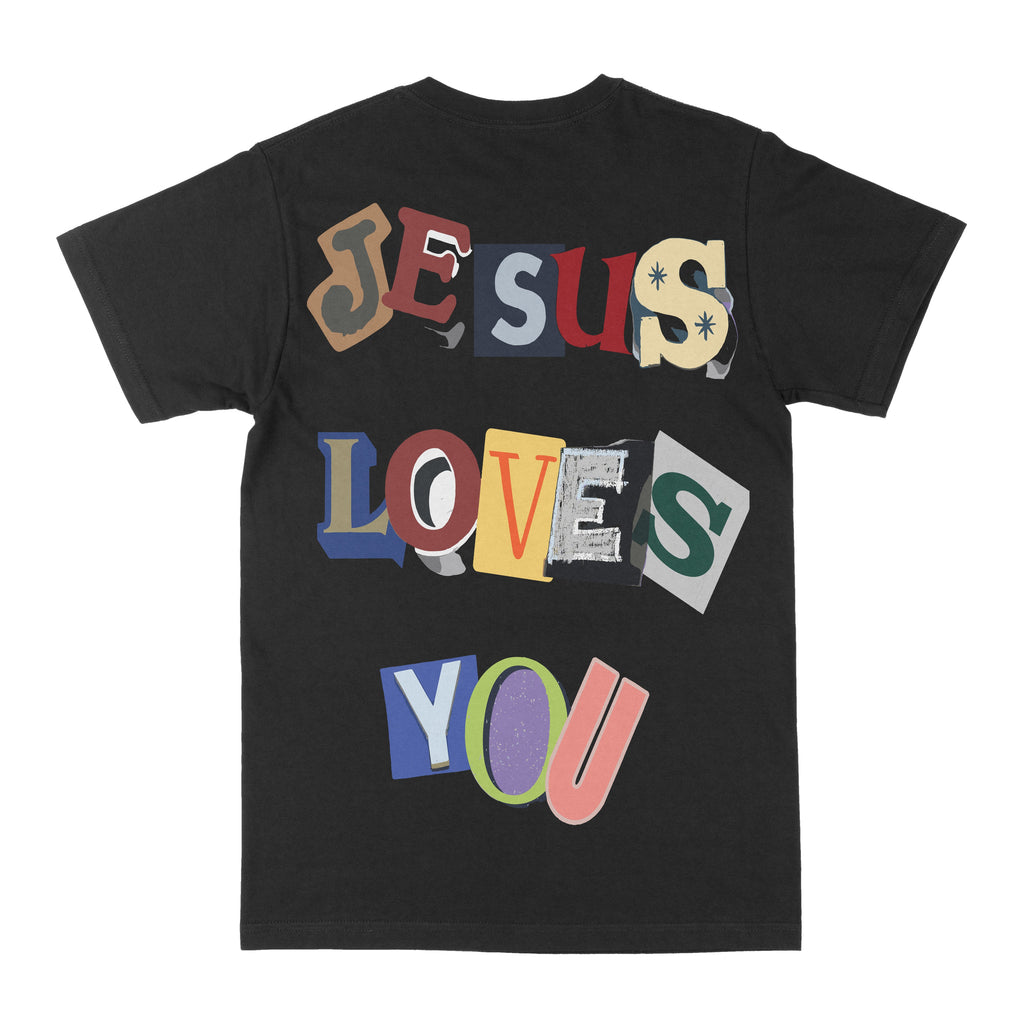 Black graphic T-shirt with stacked colorful 'Jesus Loves You' text