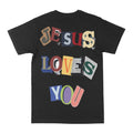 Black graphic T-shirt with stacked colorful 'Jesus Loves You' text