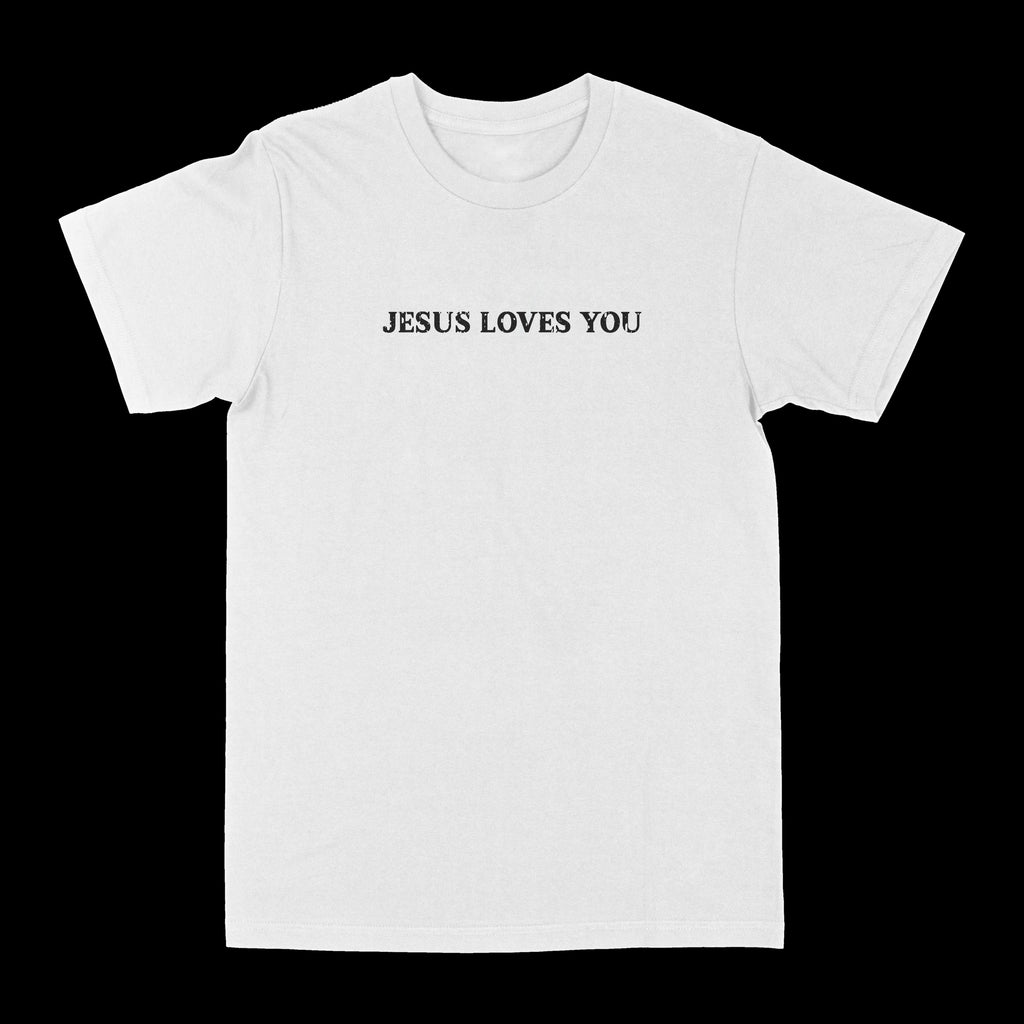 White crewneck tee with small centered "JESUS LOVES YOU" text