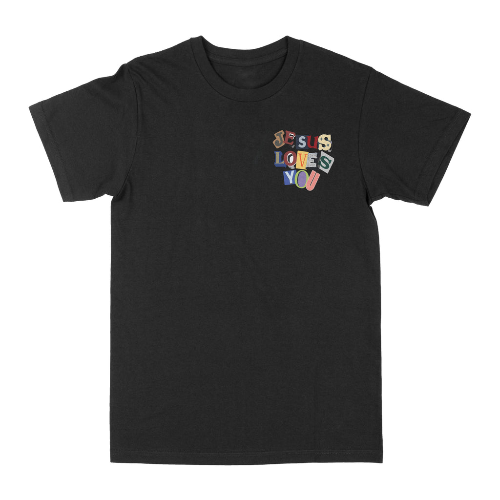 Black graphic T-shirt with small centered 'Jesus Loves You' print