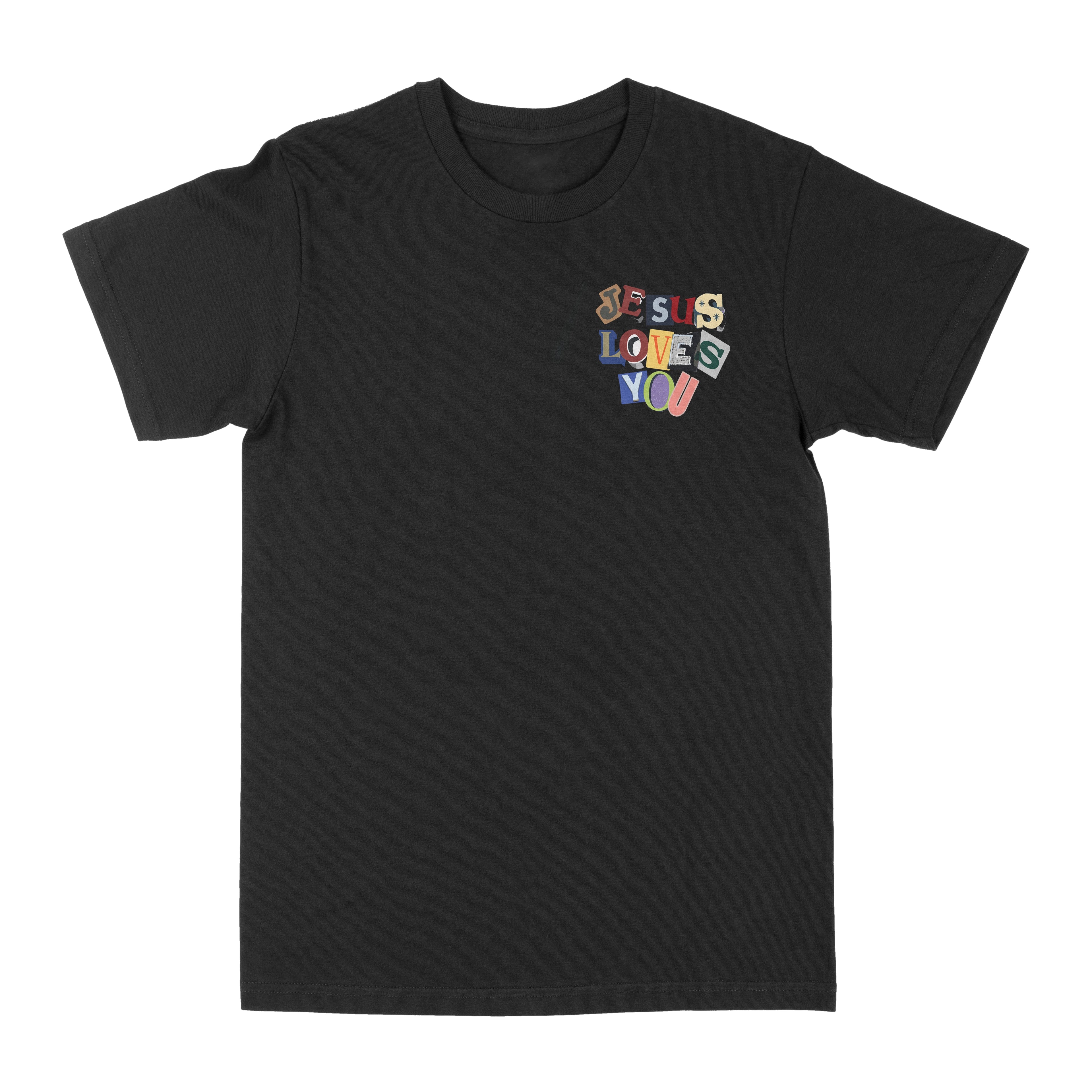 Black graphic T-shirt with small centered 'Jesus Loves You' print