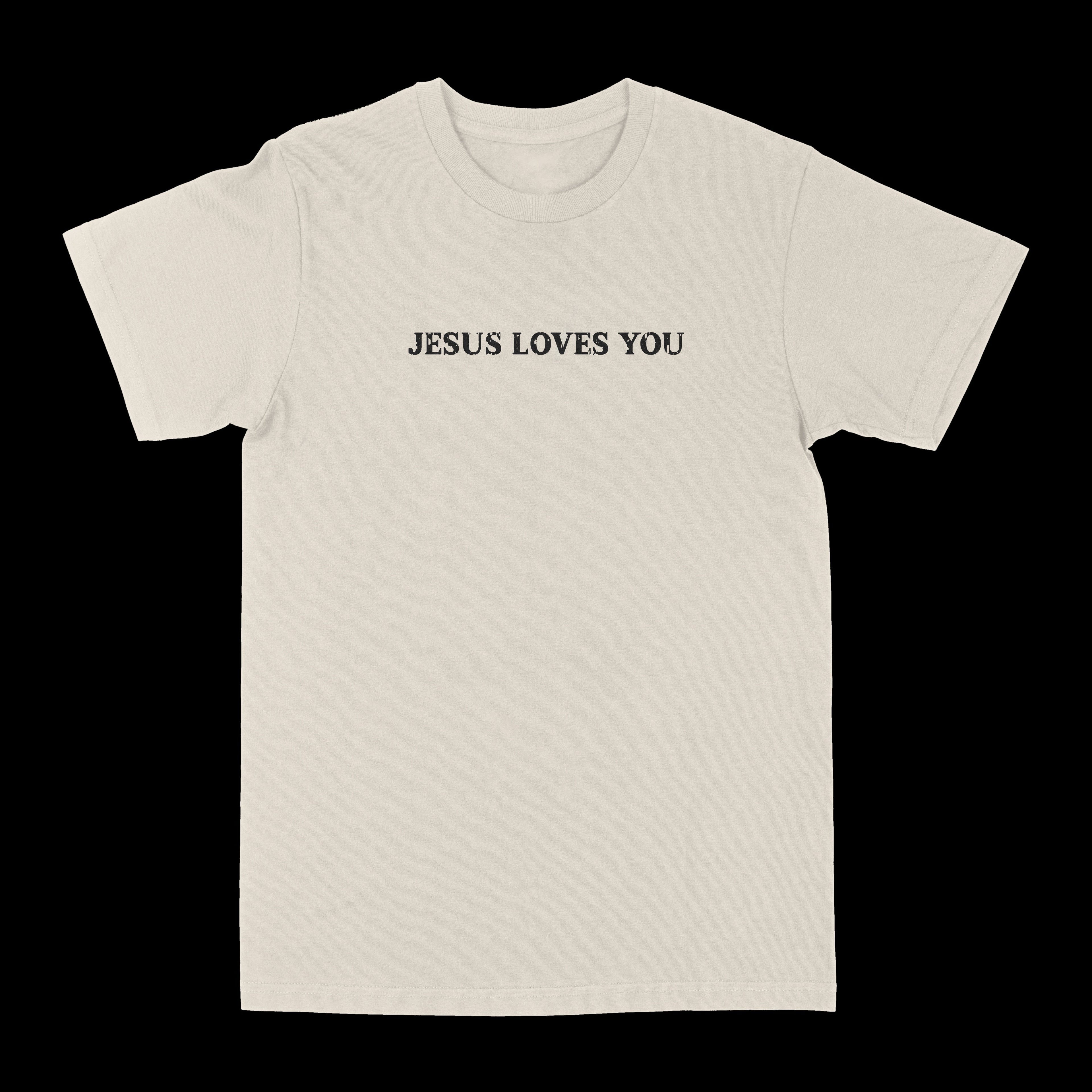 Cream/light crewneck tee with small centered "JESUS LOVES YOU" text