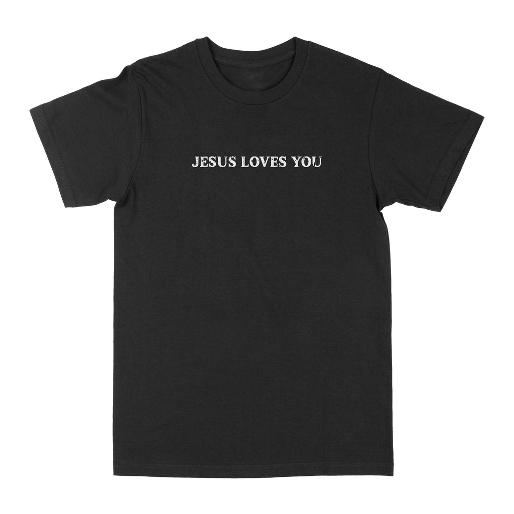 Black crewneck tee with small centered "JESUS LOVES YOU" text