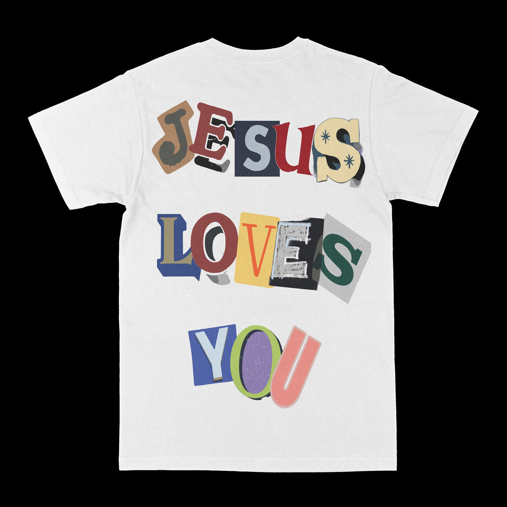 White graphic T-shirt with large colorful 'Jesus Loves You' text
