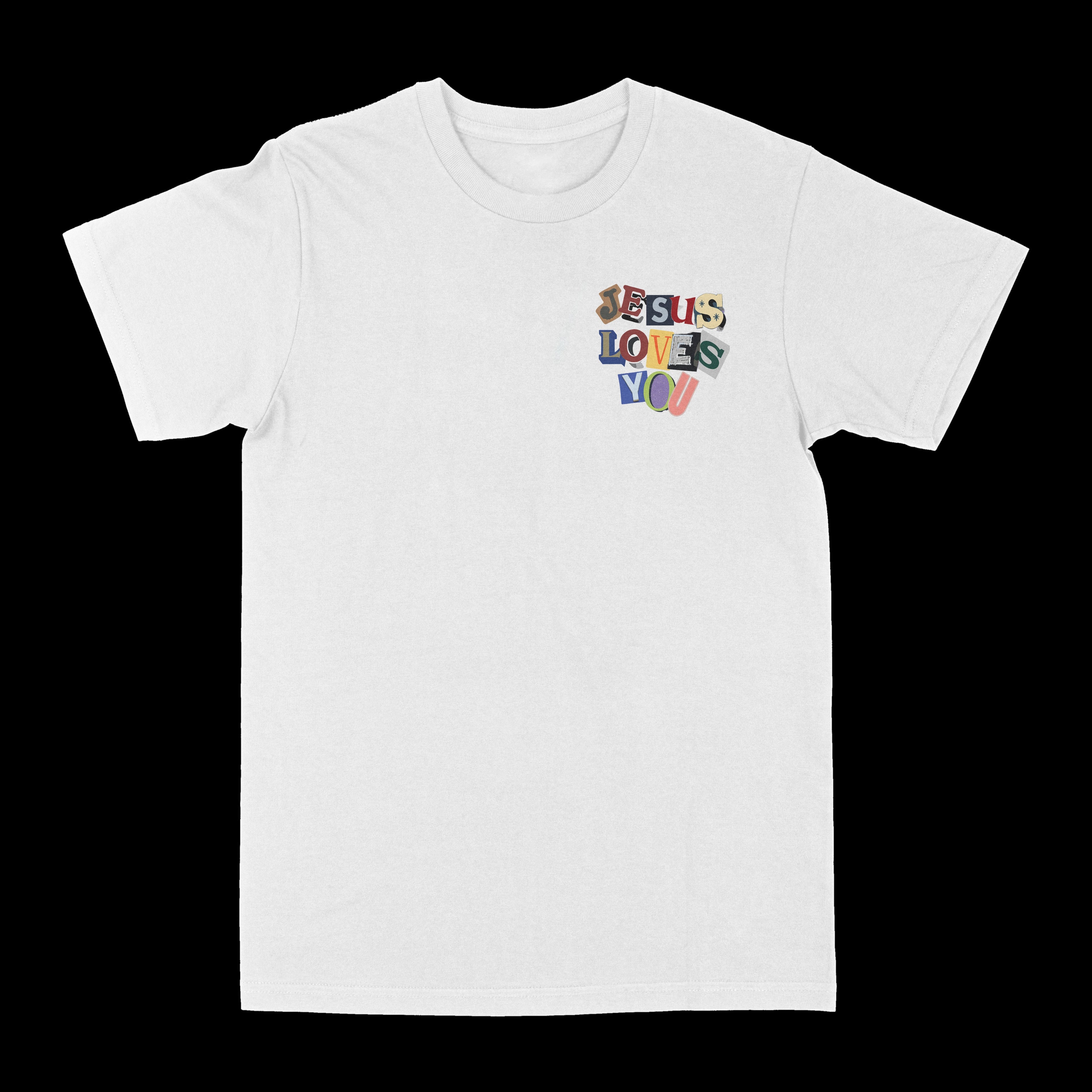 White graphic T-shirt with small centered 'Jesus Loves You' print