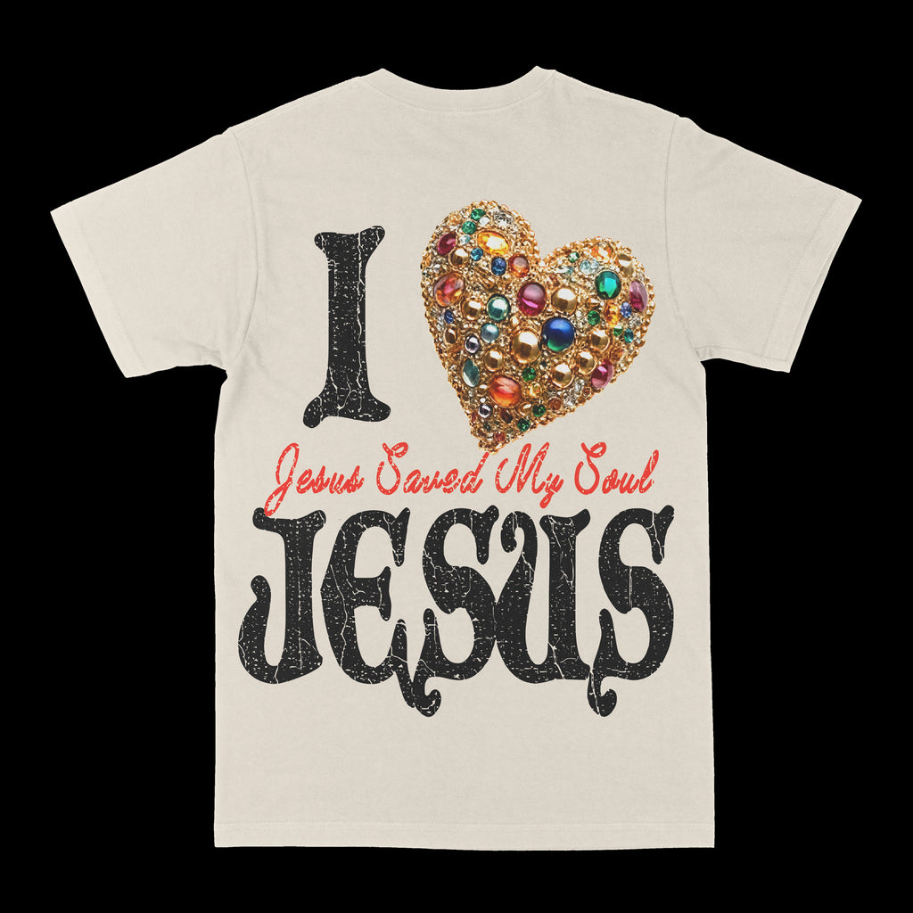 Cream graphic tee with large jeweled heart and Jesus lettering