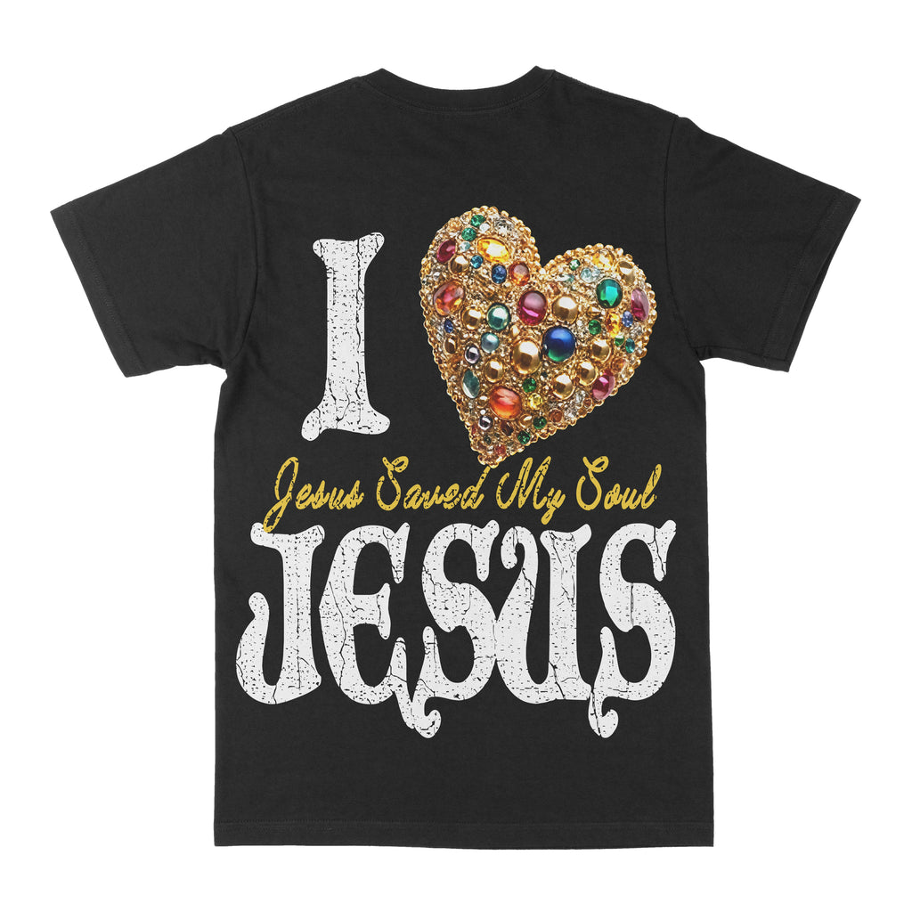 Black graphic tee with large Jesus text and jeweled heart graphic