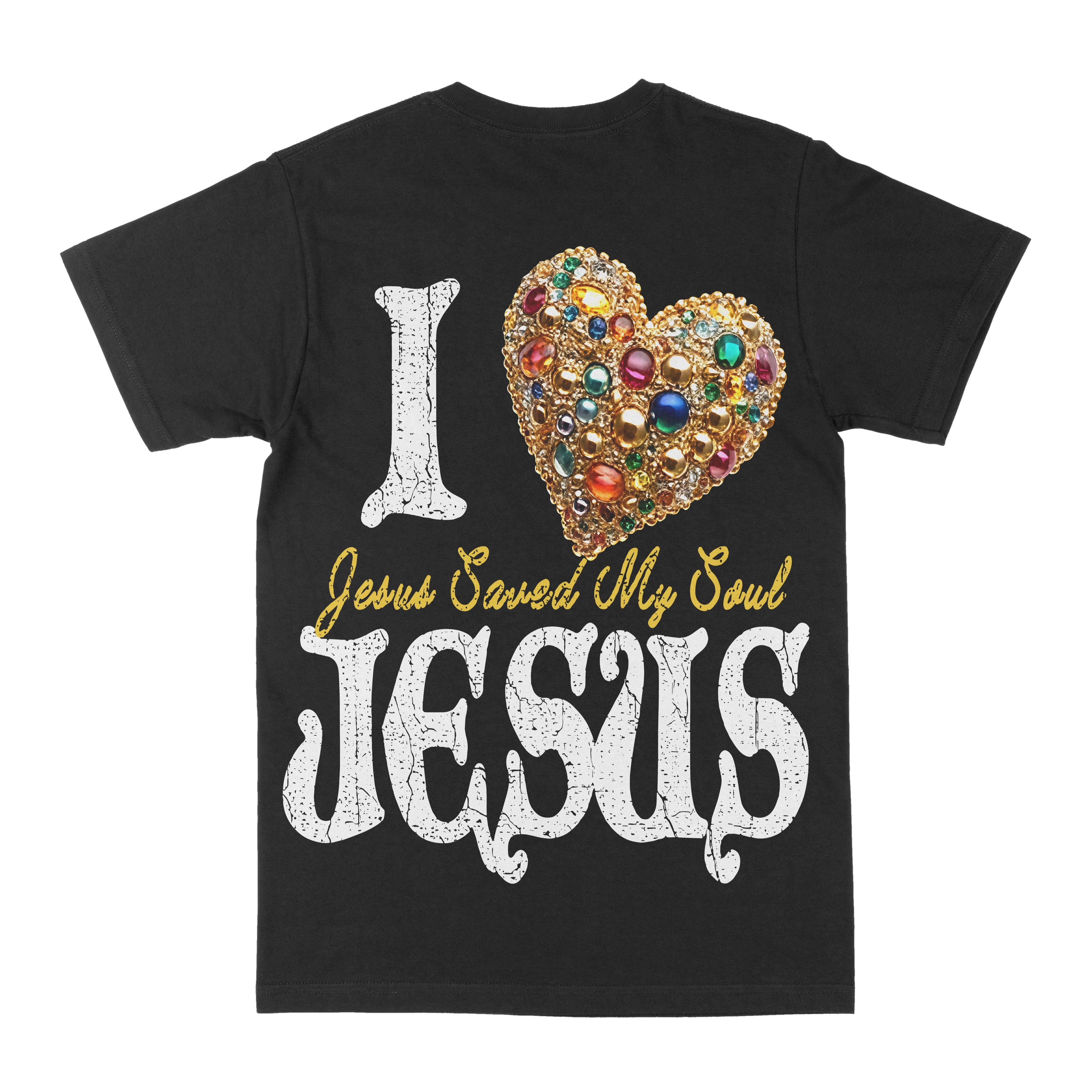 Black graphic tee with large Jesus text and jeweled heart graphic