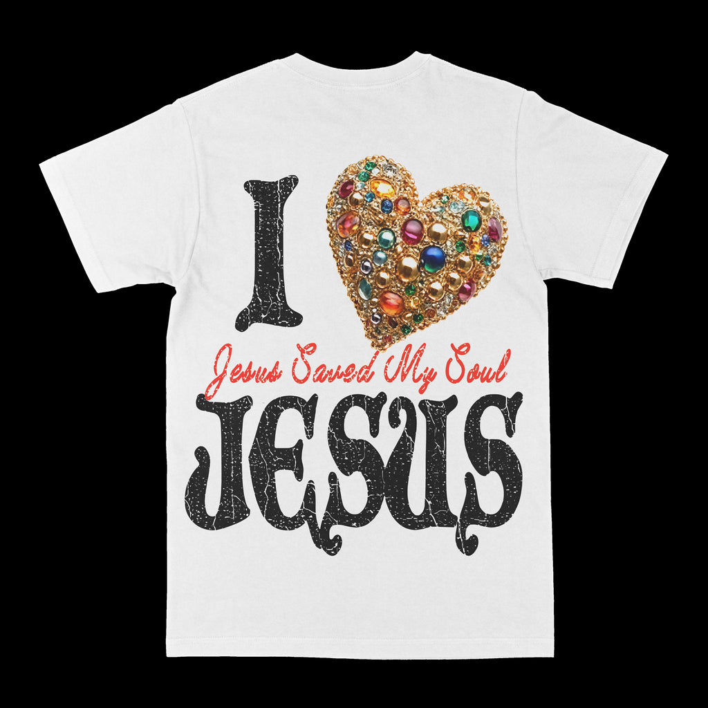 White graphic tee with large jeweled heart and bold Jesus lettering