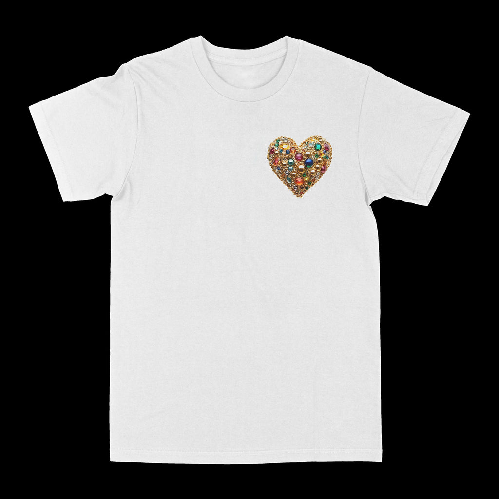 White graphic tee with small jeweled heart chest graphic