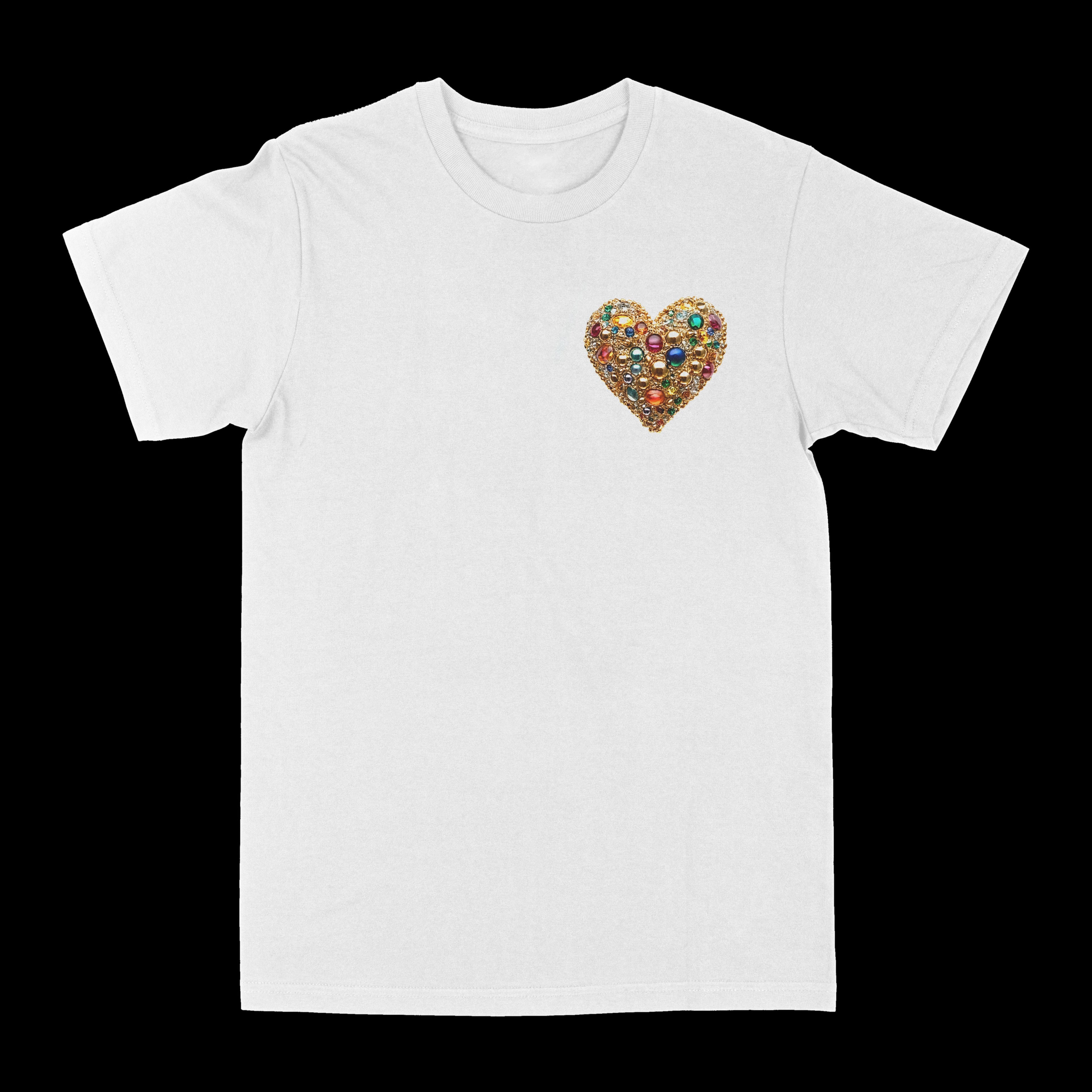 White graphic tee with small jeweled heart chest graphic