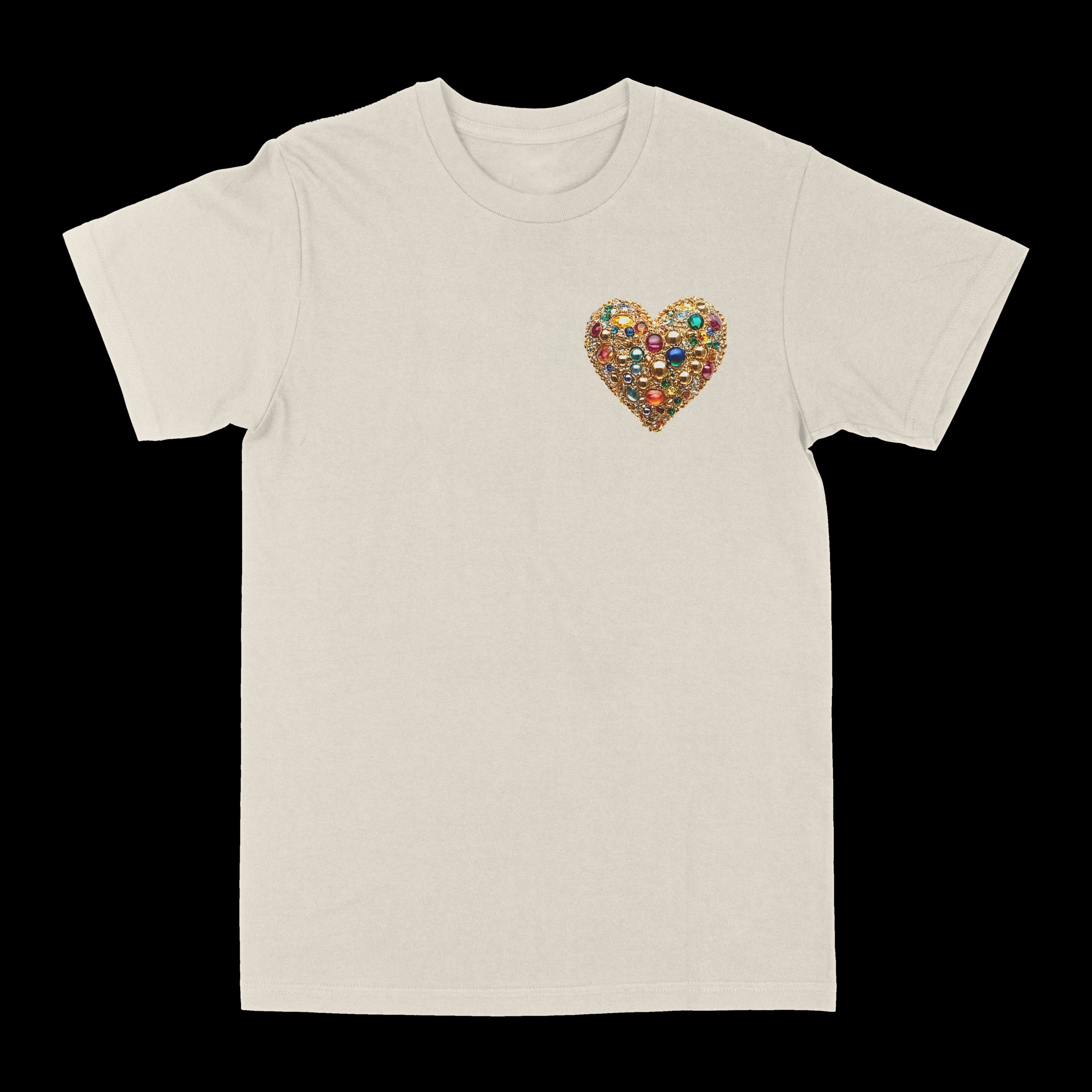 Cream graphic tee with small jeweled heart chest graphic