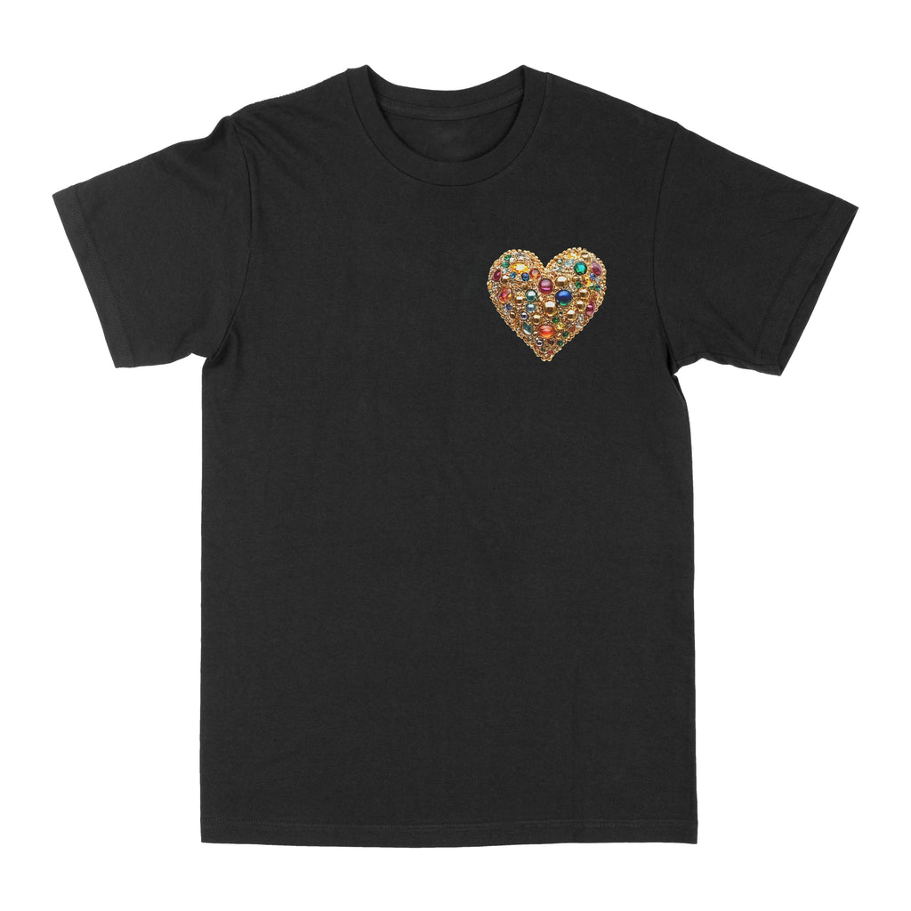 Black graphic tee with small jeweled heart chest graphic