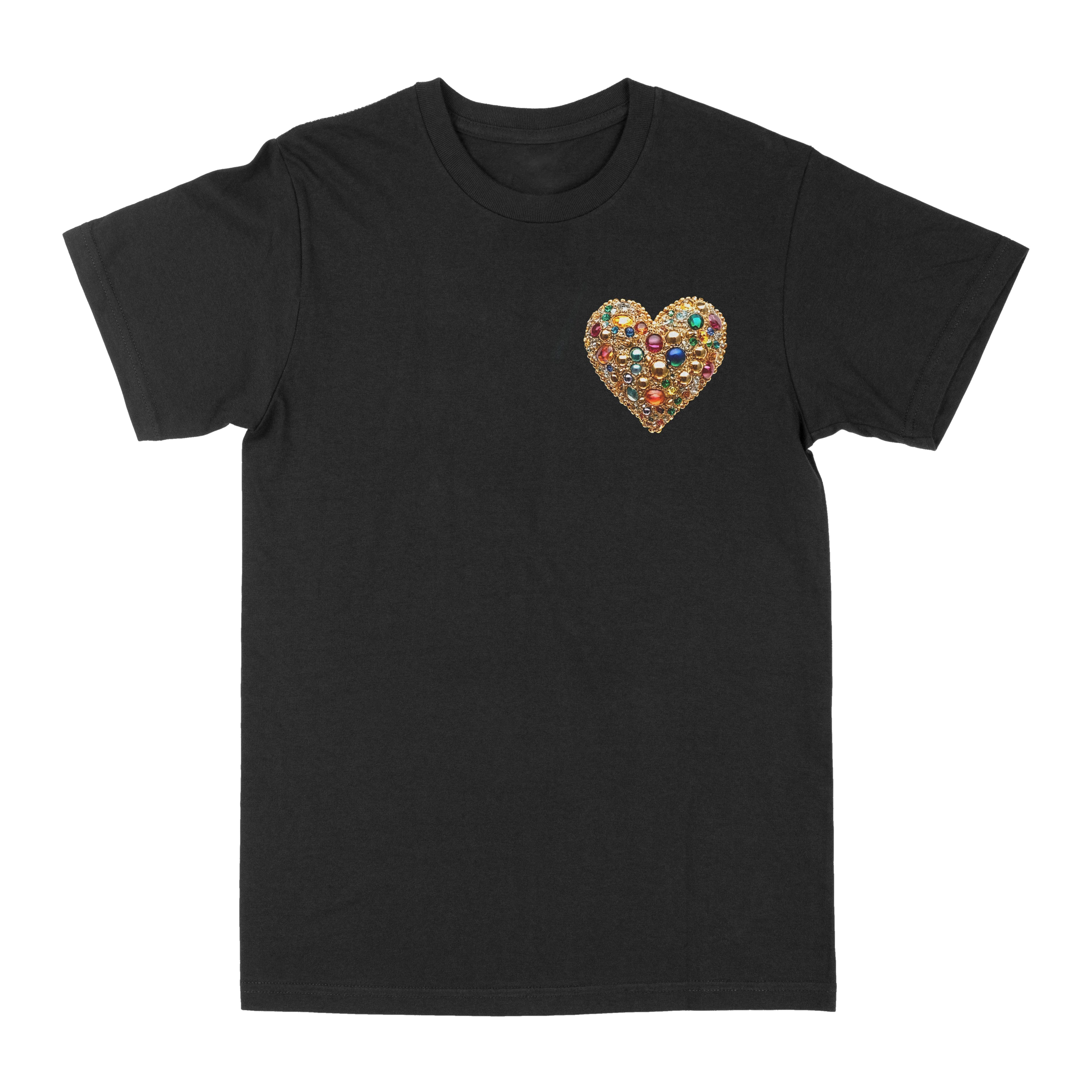 Black graphic tee with small jeweled heart chest graphic