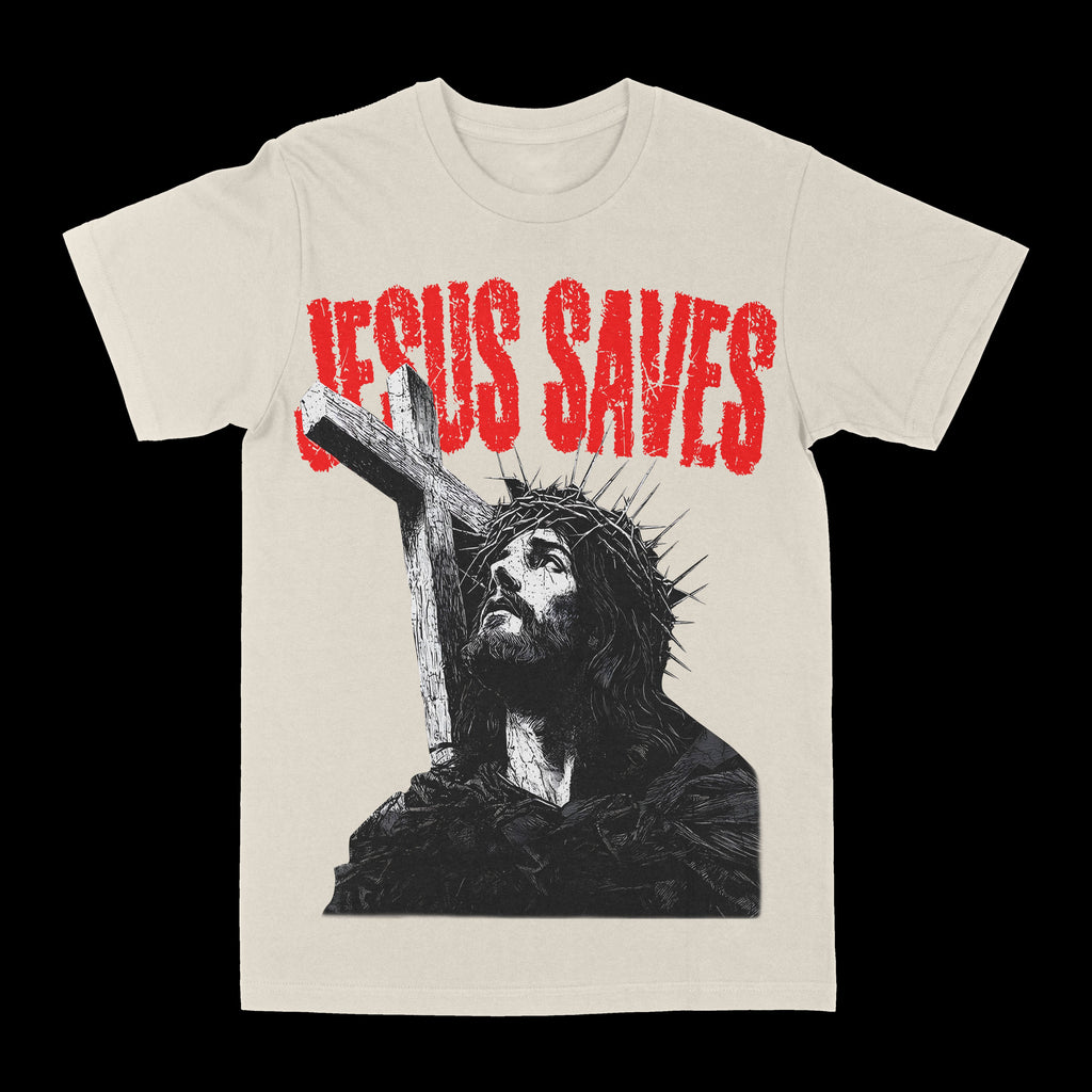 Cream crewneck graphic tee with red lettering and grey cross portrait print