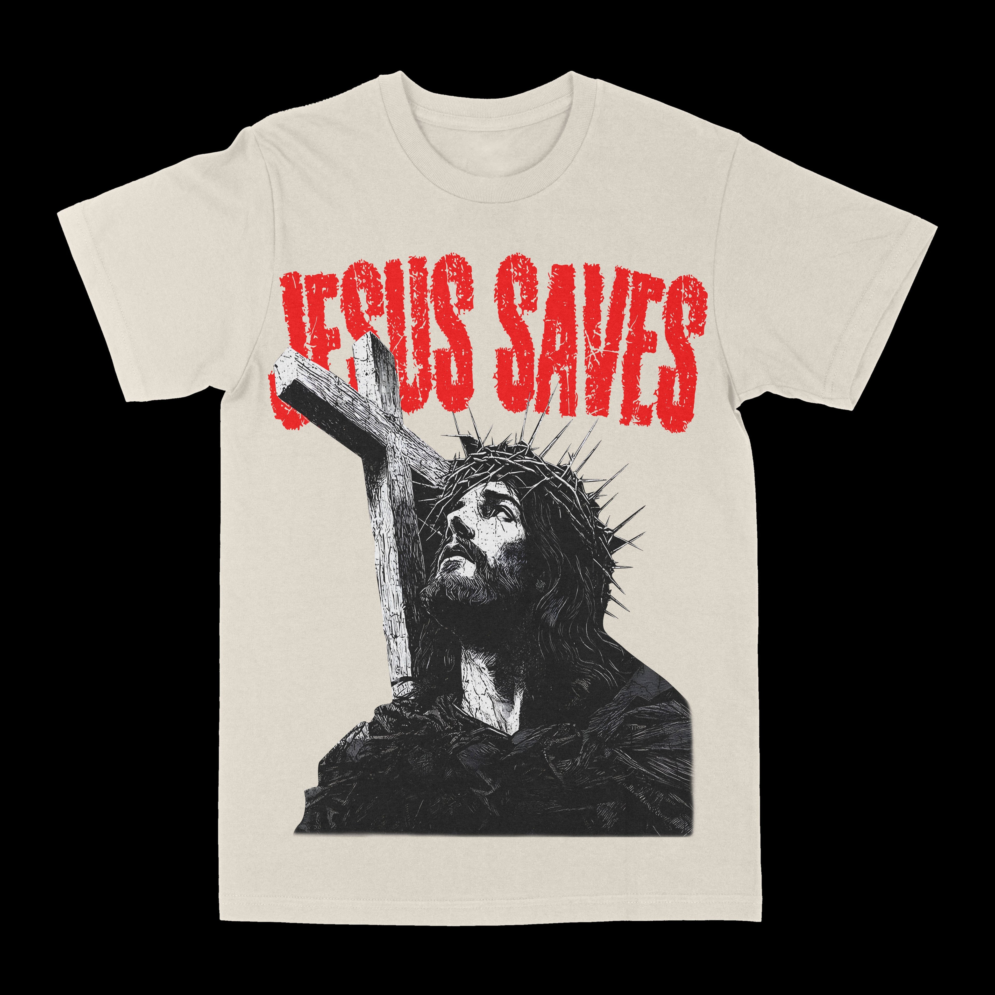 Cream crewneck graphic tee with red lettering and grey cross portrait print