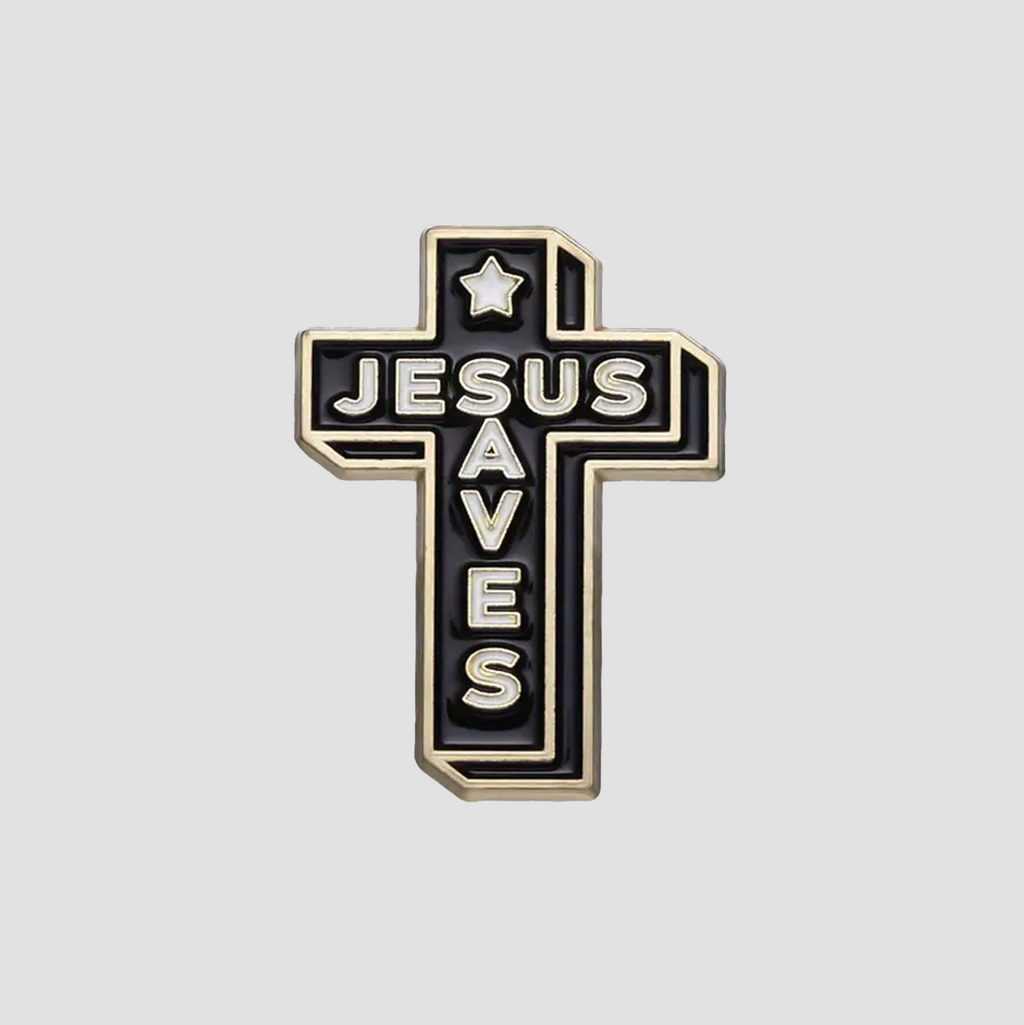 Cross enamel pin, black with gold trim, star top, “JESUS SAVES” text