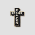 Cross enamel pin, black with gold trim, star top, “JESUS SAVES” text