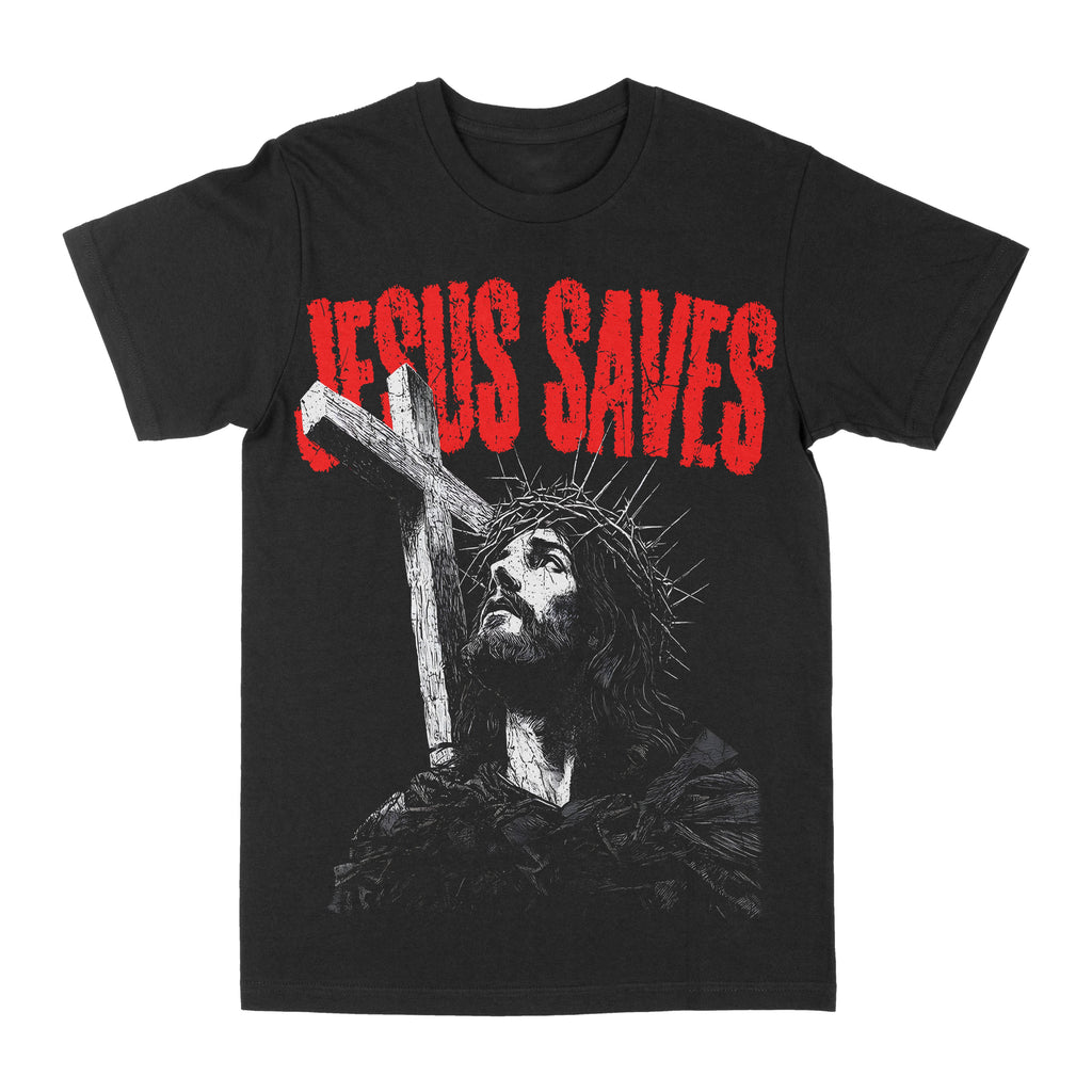 Black crewneck graphic tee with red lettering and grey cross portrait print