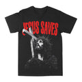 Black crewneck graphic tee with red lettering and grey cross portrait print