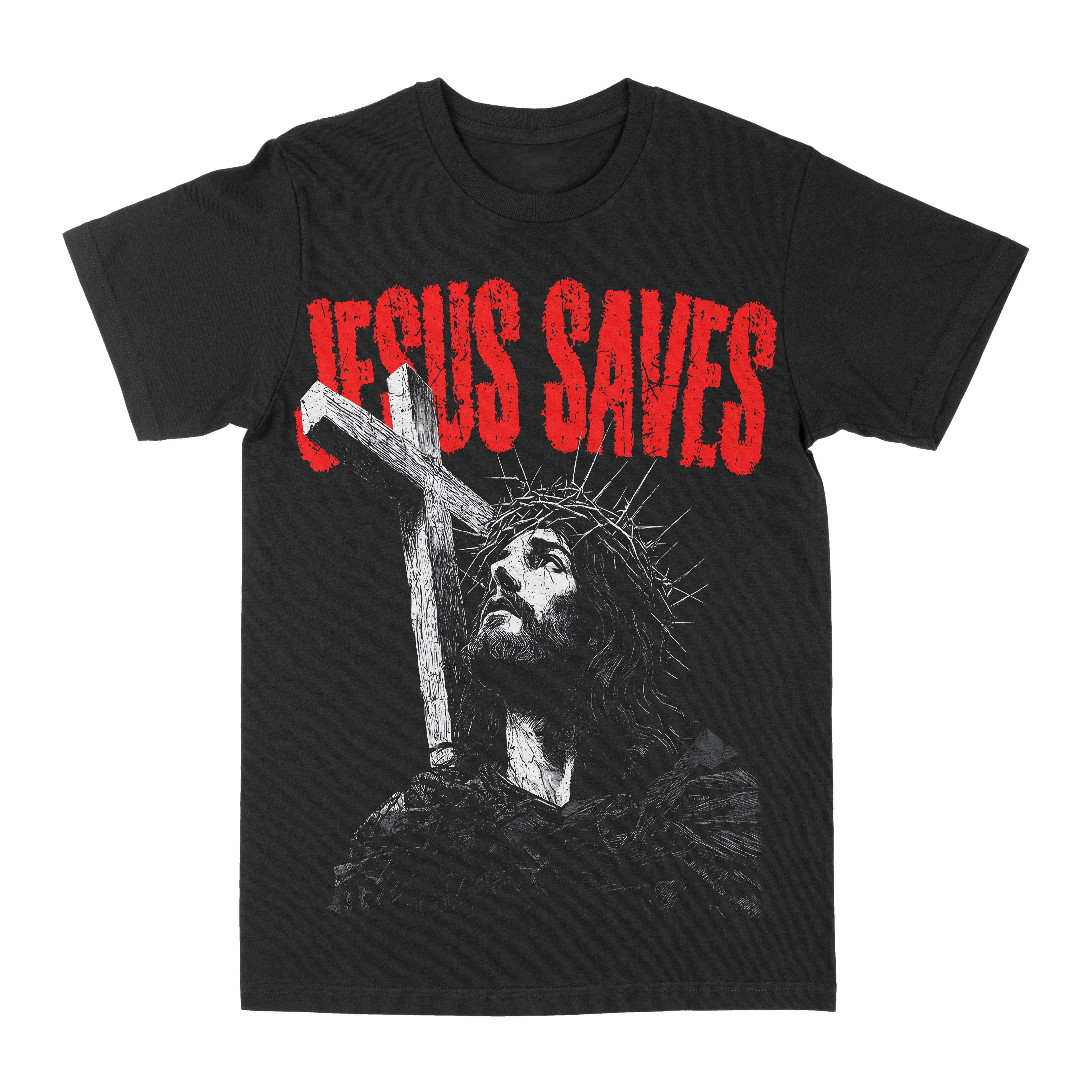 Black crewneck graphic tee with red lettering and grey cross portrait print