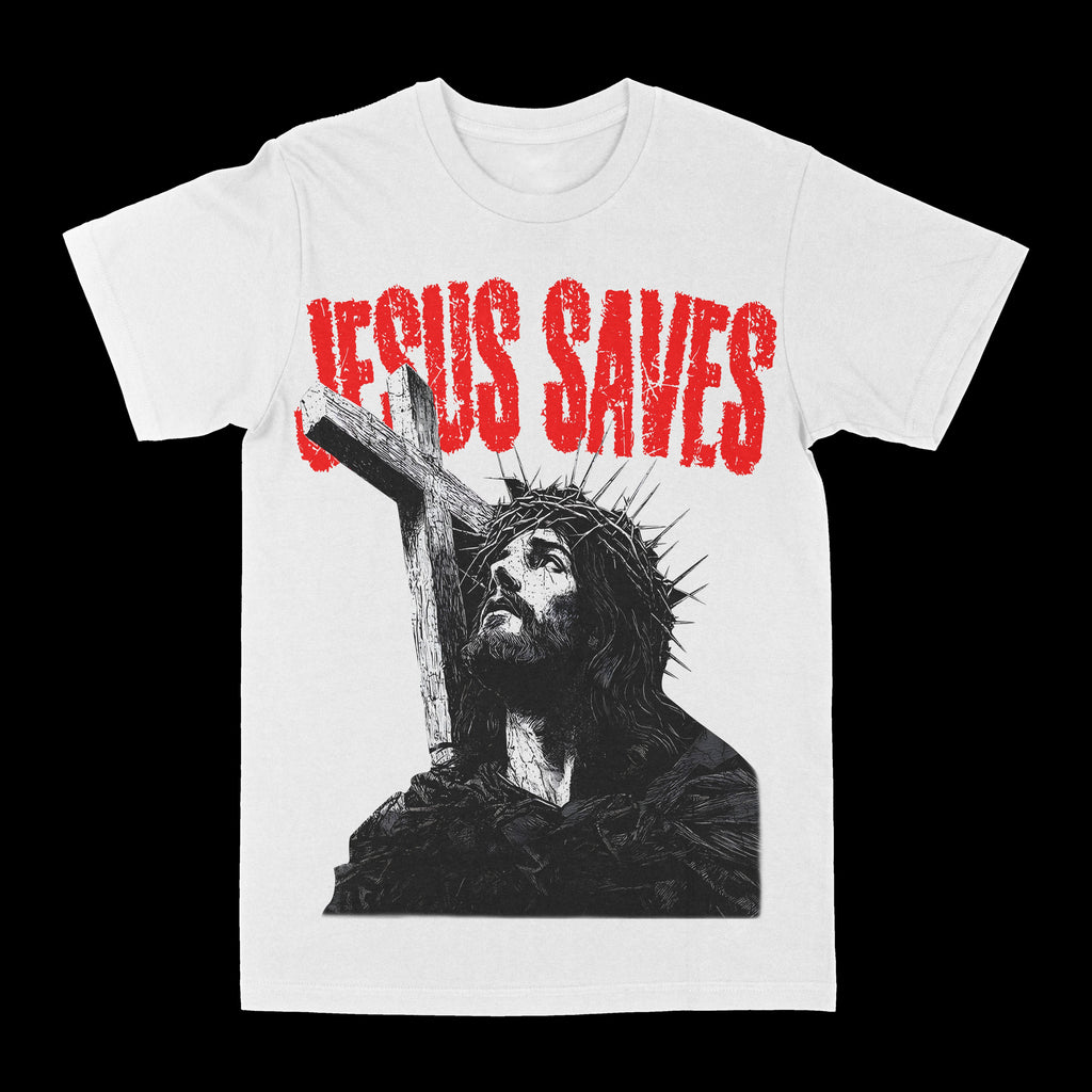White crewneck graphic tee with red lettering and grey cross portrait print