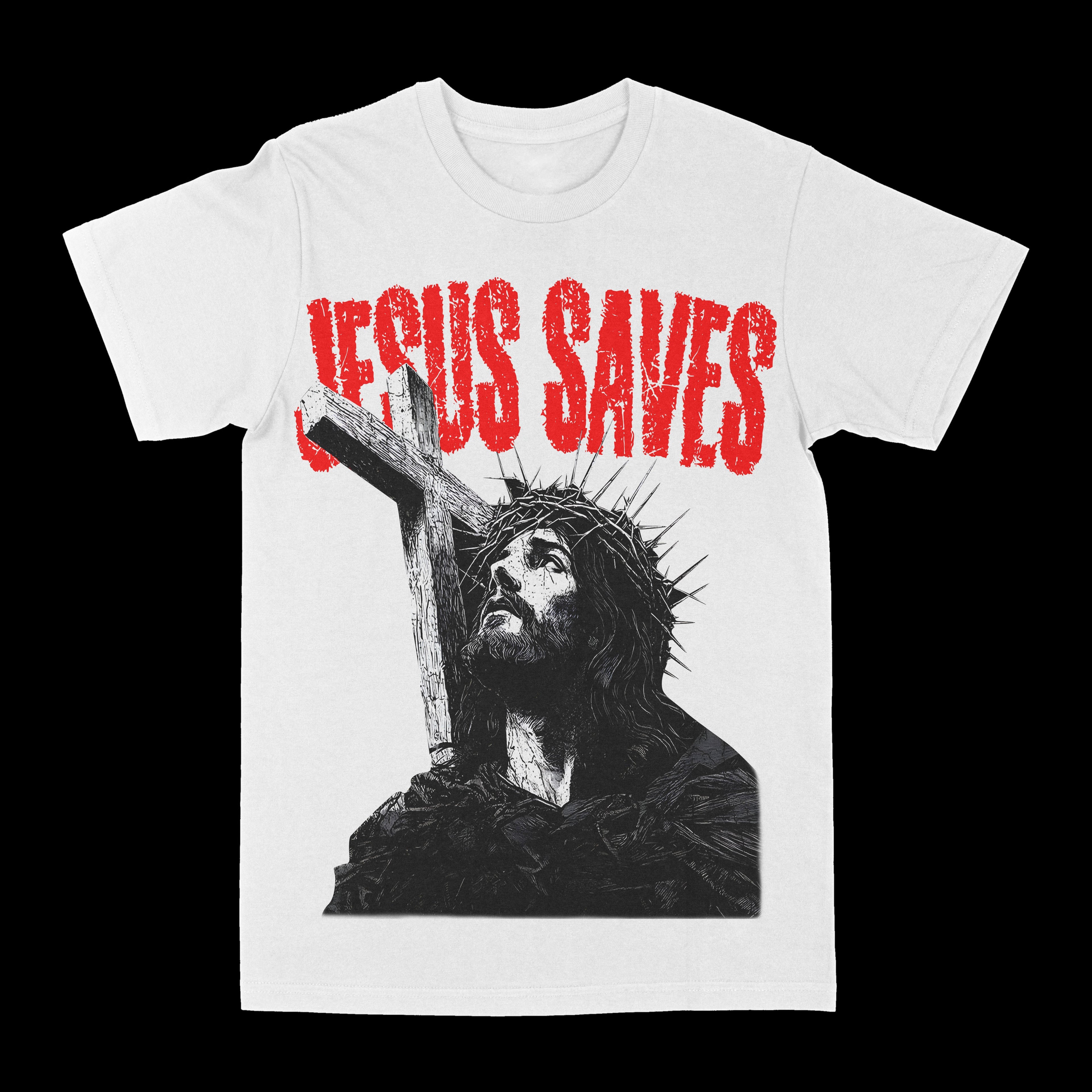 White crewneck graphic tee with red lettering and grey cross portrait print