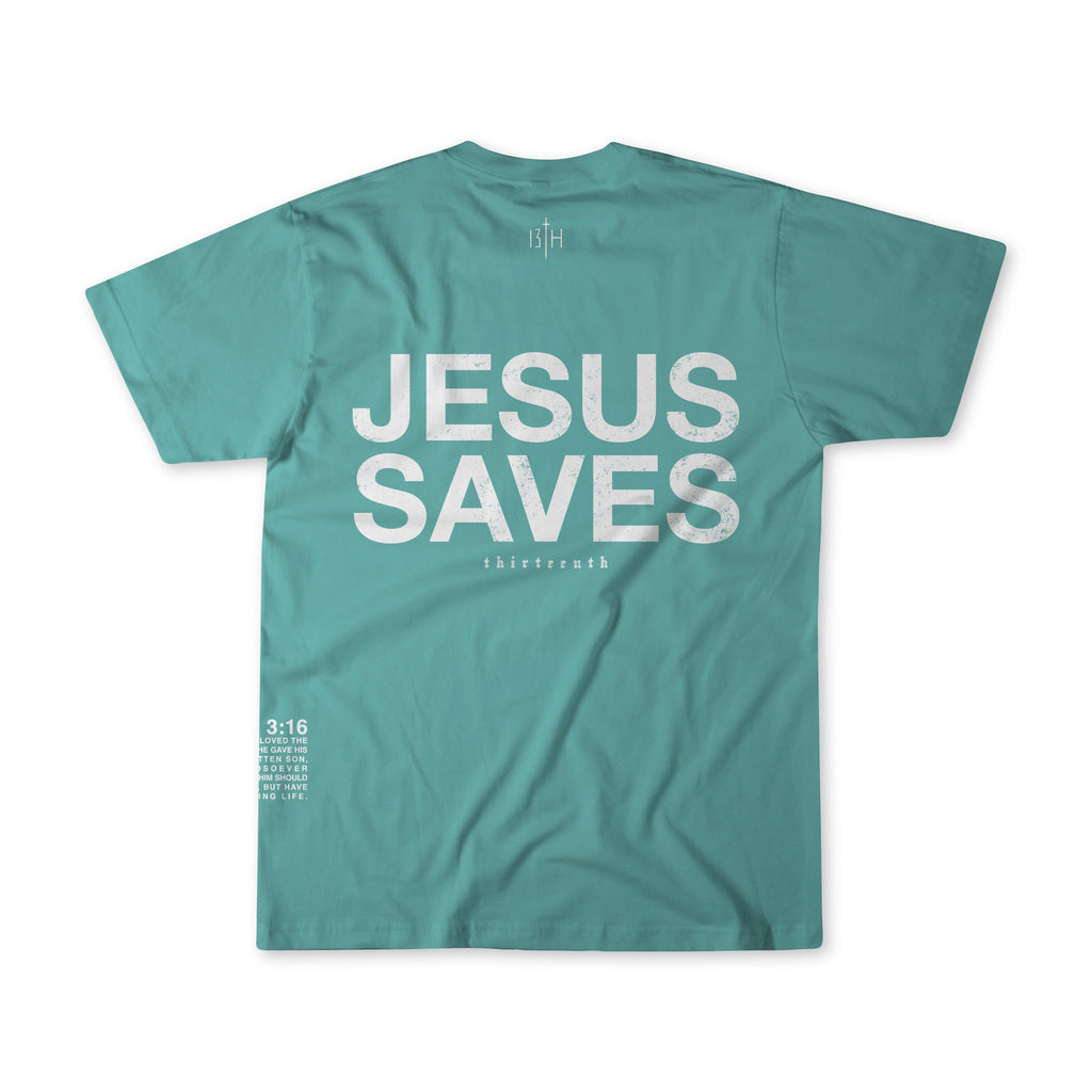 Seafoam premium T-shirt, flat lay, front graphic reading JESUS SAVES