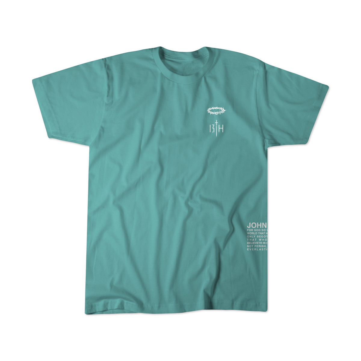 Seafoam premium T-shirt, flat lay, front with small chest emblem and vertical text