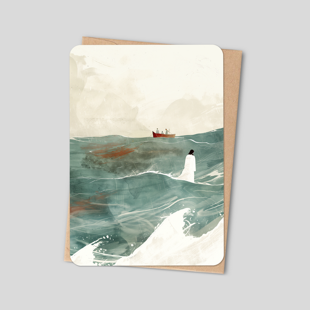 Religious greeting card featuring Jesus walking on ocean waves in a painted seascape