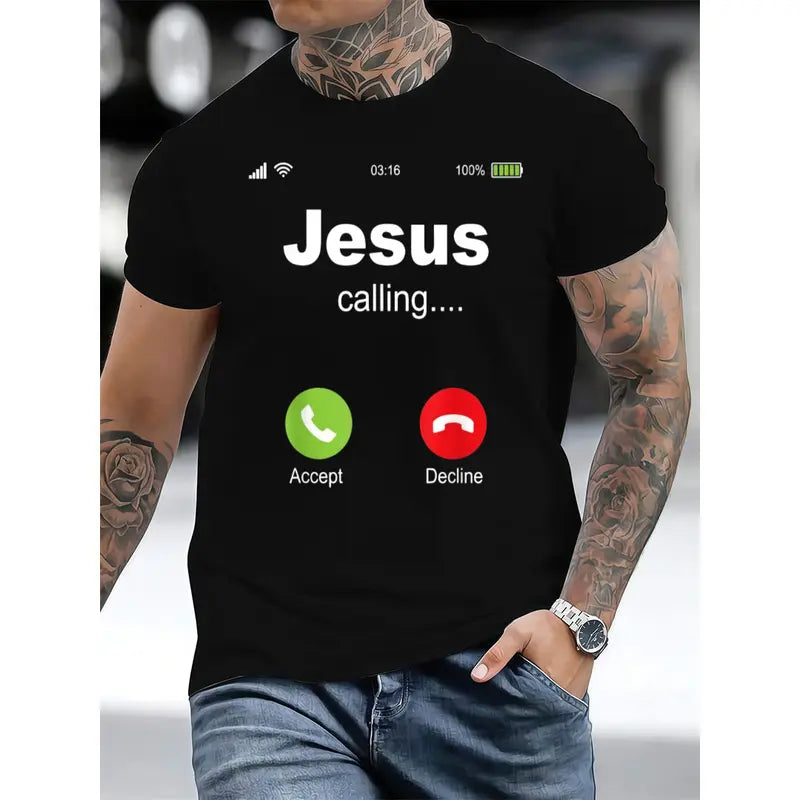 Black Christian religious T-shirt with “Jesus calling…” and Accept/Decline icons