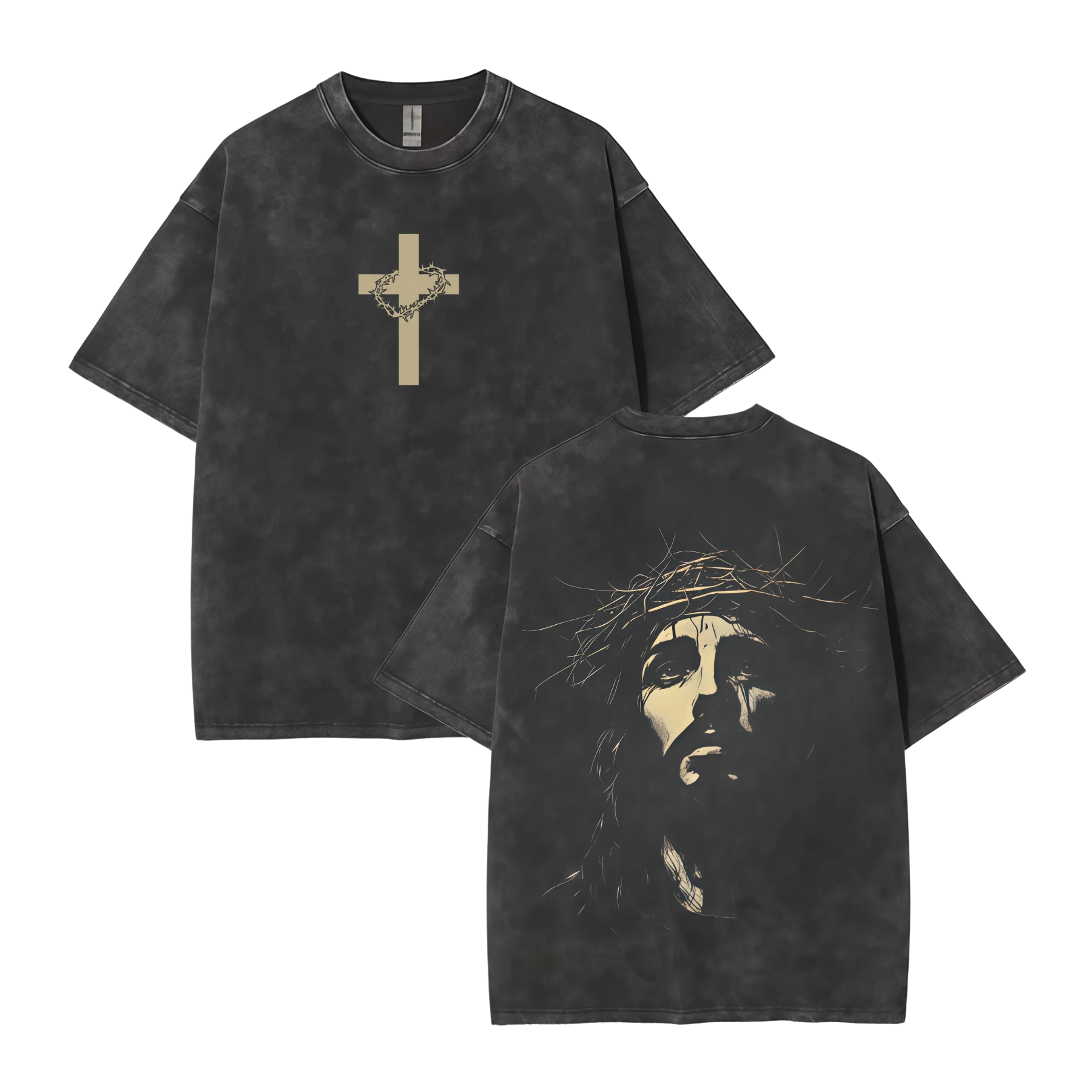 Washed black T-shirt with gold cross and crown-of-thorns portrait graphic