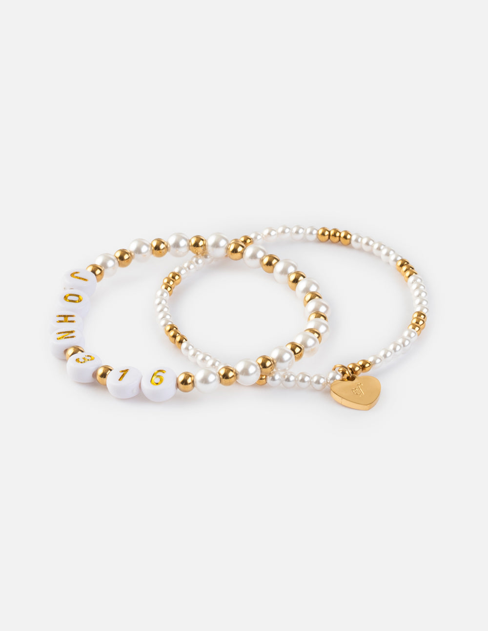 Beaded bracelet pack with white and gold beads, 'JOHN 3:16' lettering and heart charm