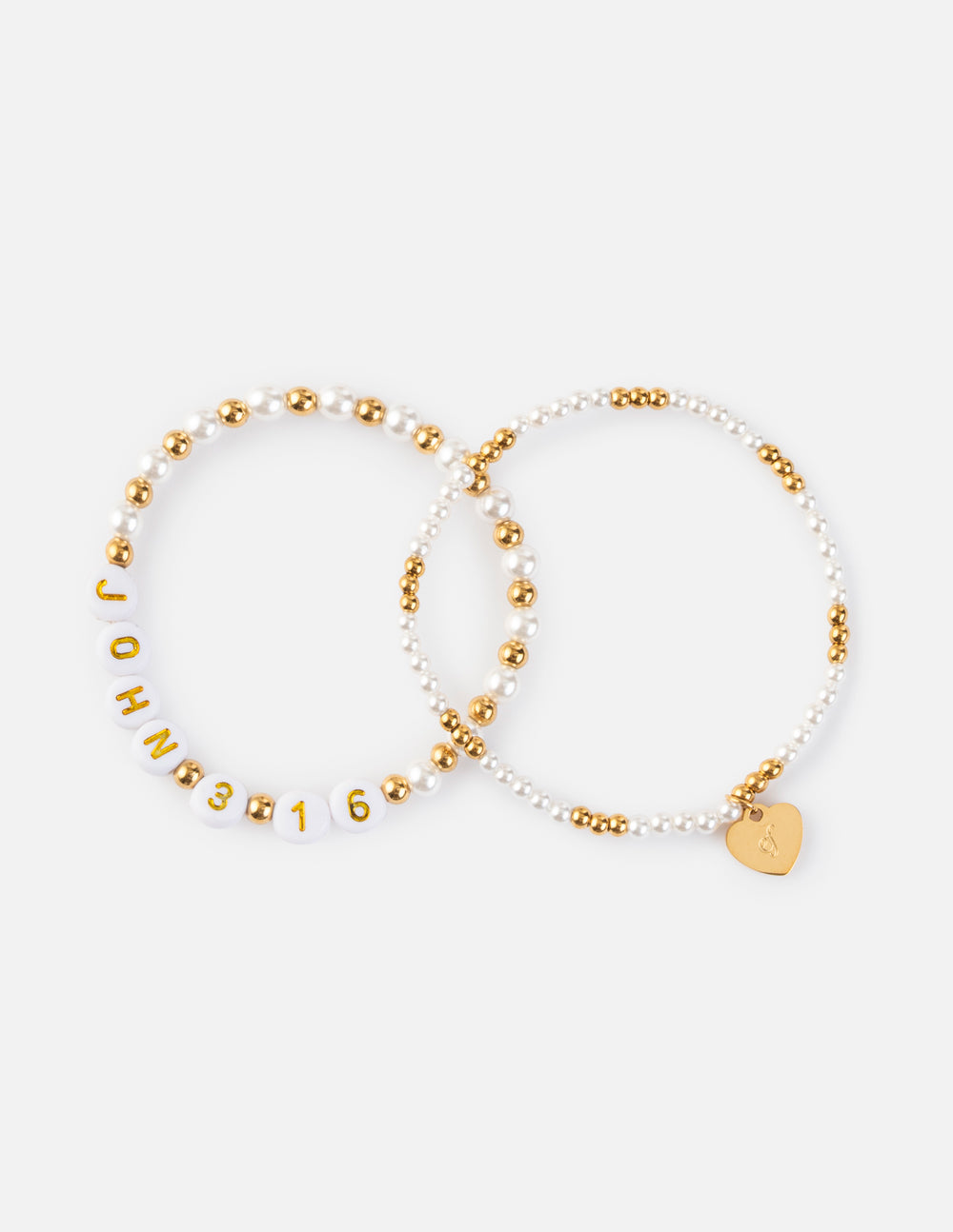 Beaded bracelet pack with two bracelets, white and gold beads, 'JOHN 3:16' and heart pendant