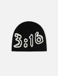Lightweight knit beanie, black with white 3:16-style graphic on front
