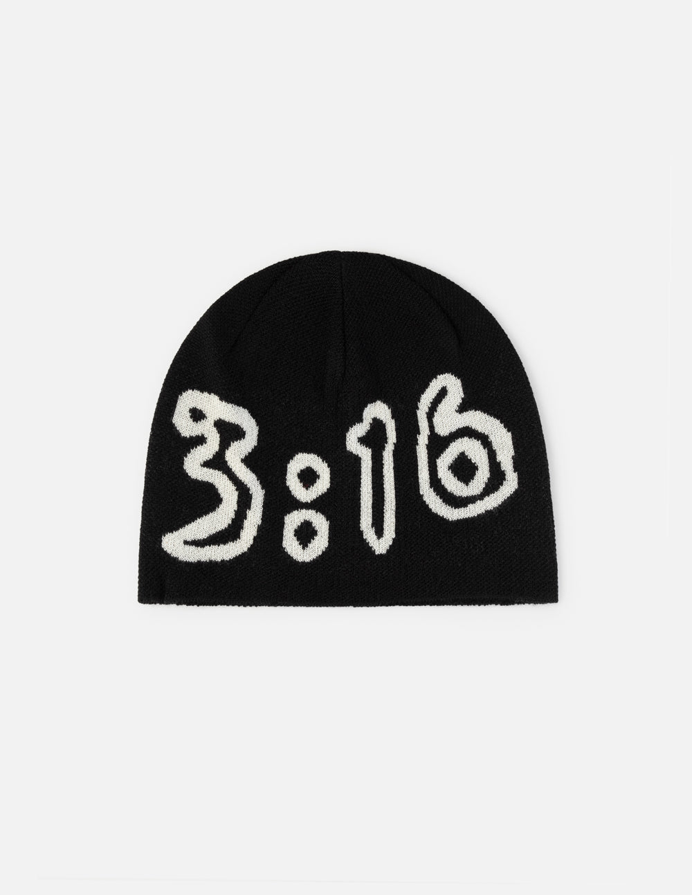 Lightweight knit beanie, black with white 3:16-style graphic on front