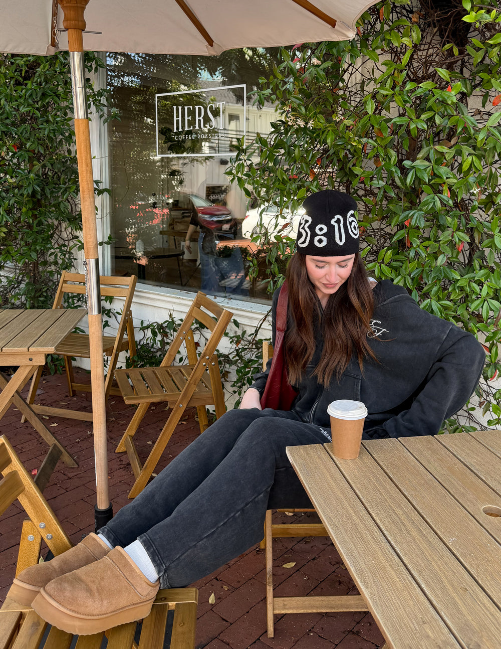 Black lightweight beanie with white 3:16 graphic, ribbed cuff