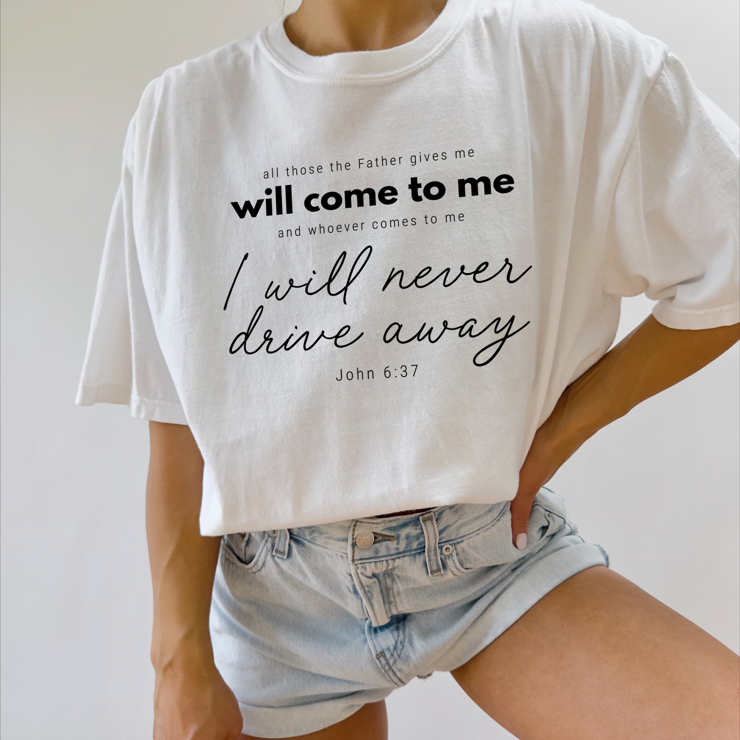 White Christian quote graphic T-shirt, crew neck short sleeves