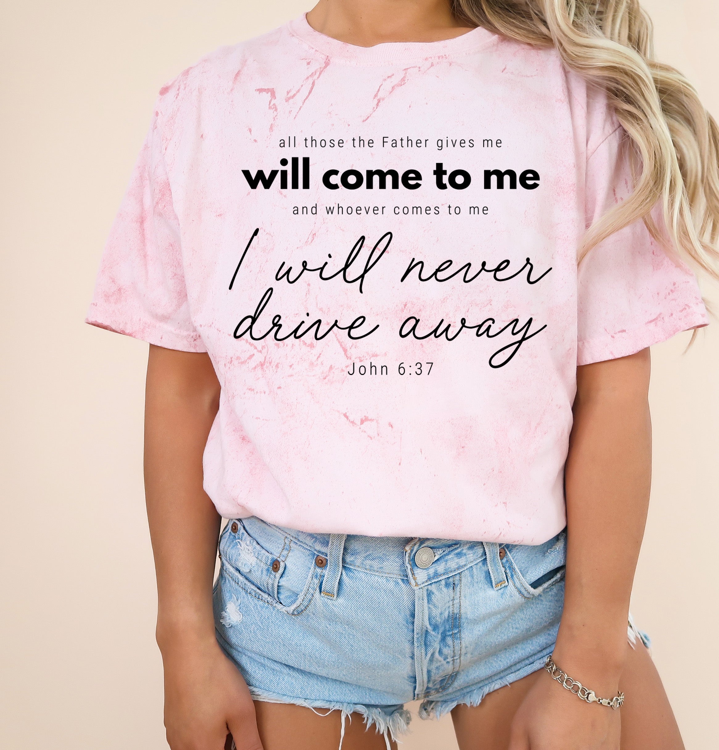 Light pink Christian quote graphic T-shirt, crew neck short sleeves