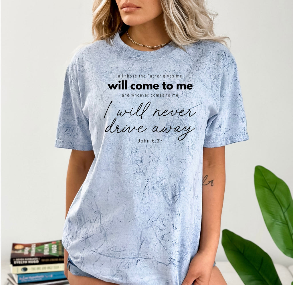 Blue Christian quote graphic T-shirt, crew neck short sleeves