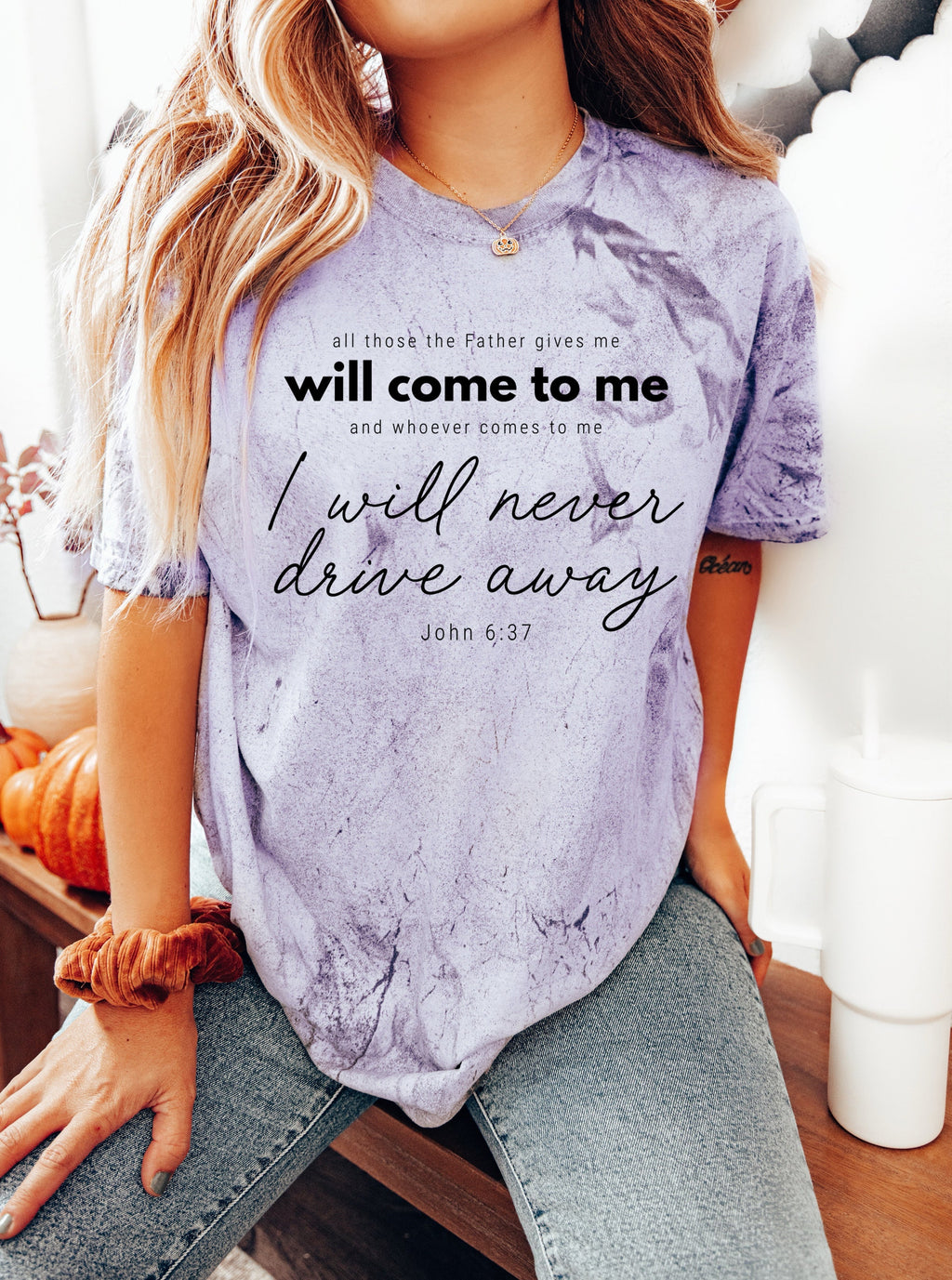Purple Christian quote graphic T-shirt, crew neck short sleeves