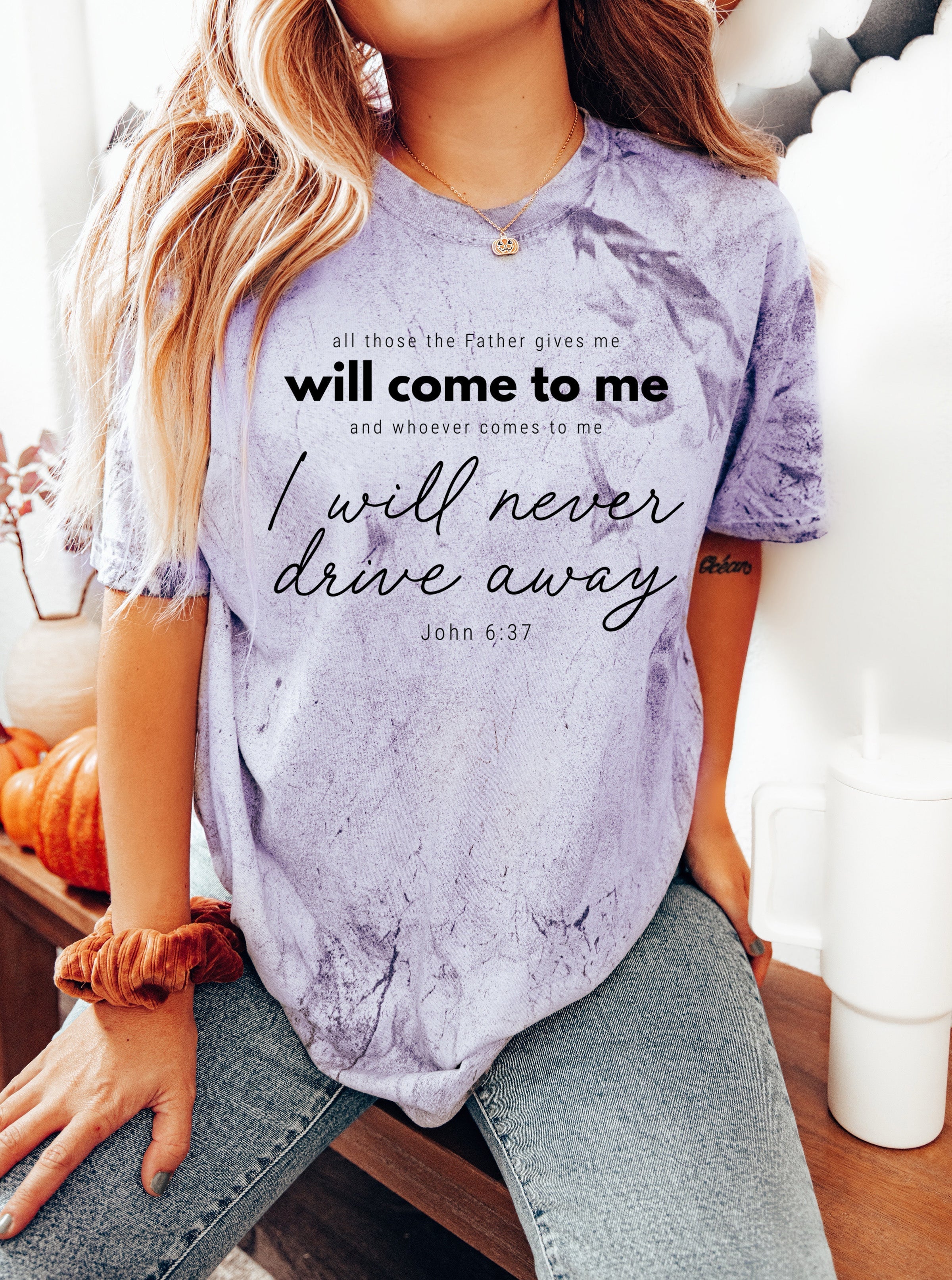 Purple Christian quote graphic T-shirt, crew neck short sleeves