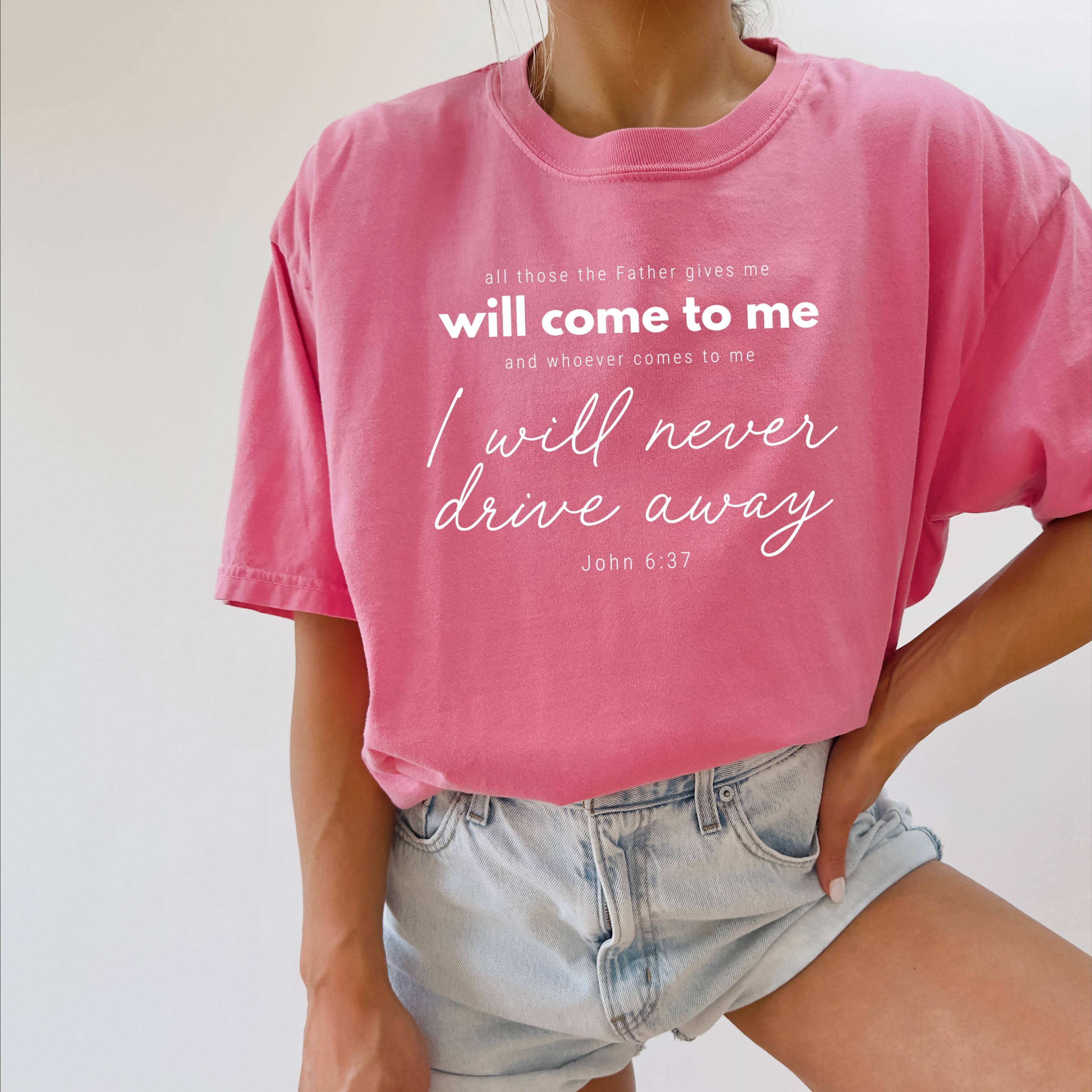 Berry pink Christian quote graphic T-shirt, crew neck short sleeves