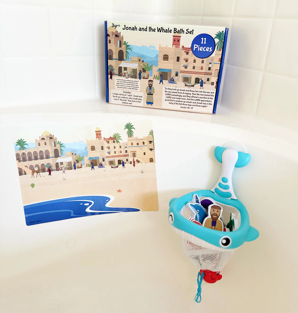 Bath set box with 11 pieces, blue dolphin net toy and ocean animal stickers