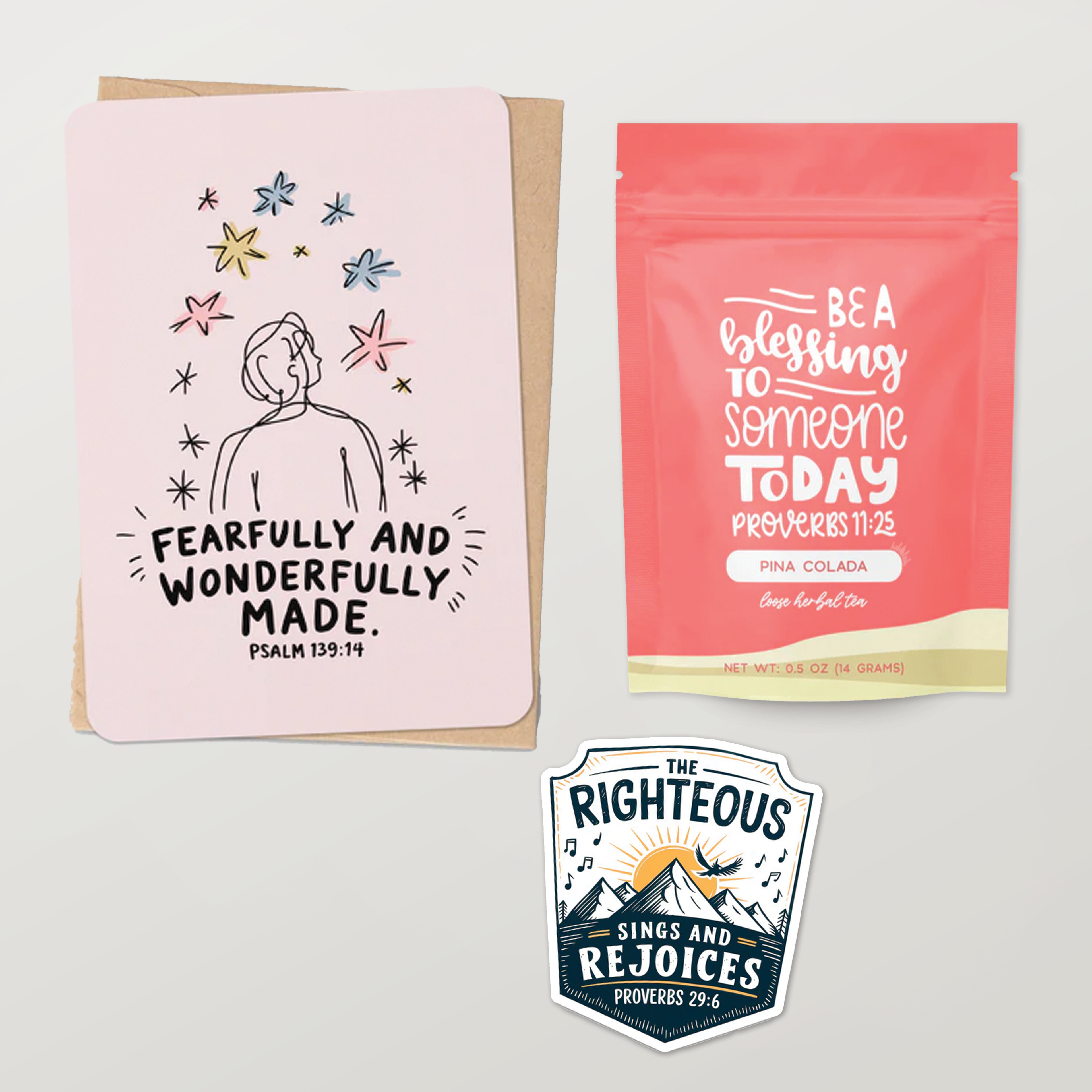 Christian gift set with pink faith card, red blessing pouch, and The Righteous sticker