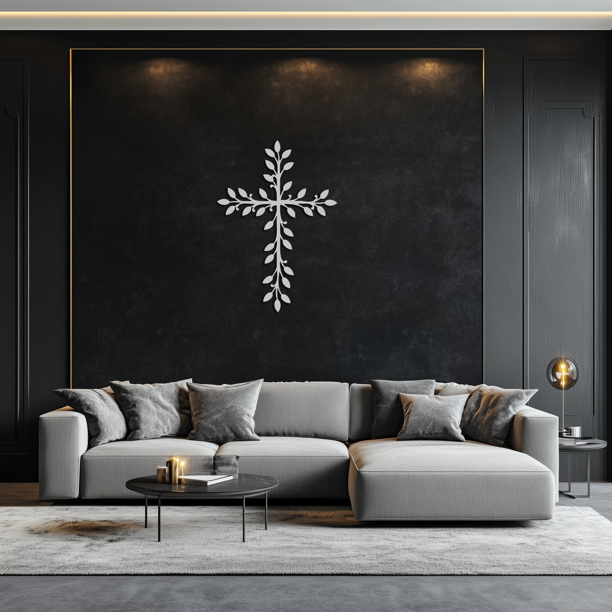 Leaf cross metal wall art with white leaf detailing on dark wall