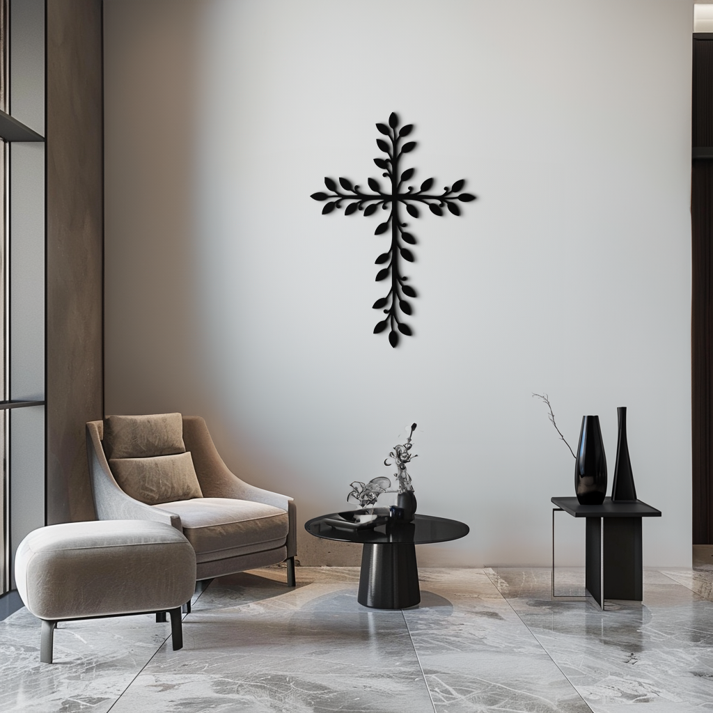 Leaf cross metal wall art with black leaf detailing on light wall