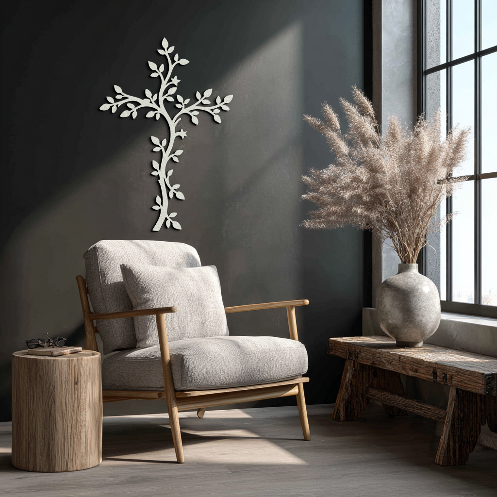 Leaf cross metal wall art with white leaf detailing on dark wall